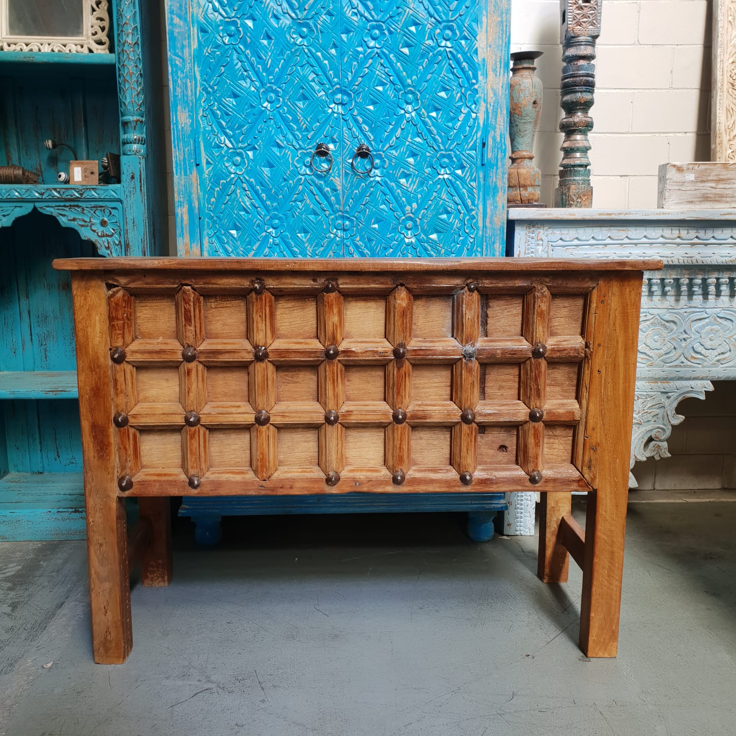Handmade Carved Solid Hardwood Console Table with Iron Fittings - Rustic Entryway Table for Hallway, Living Room & Farmhouse Decor
