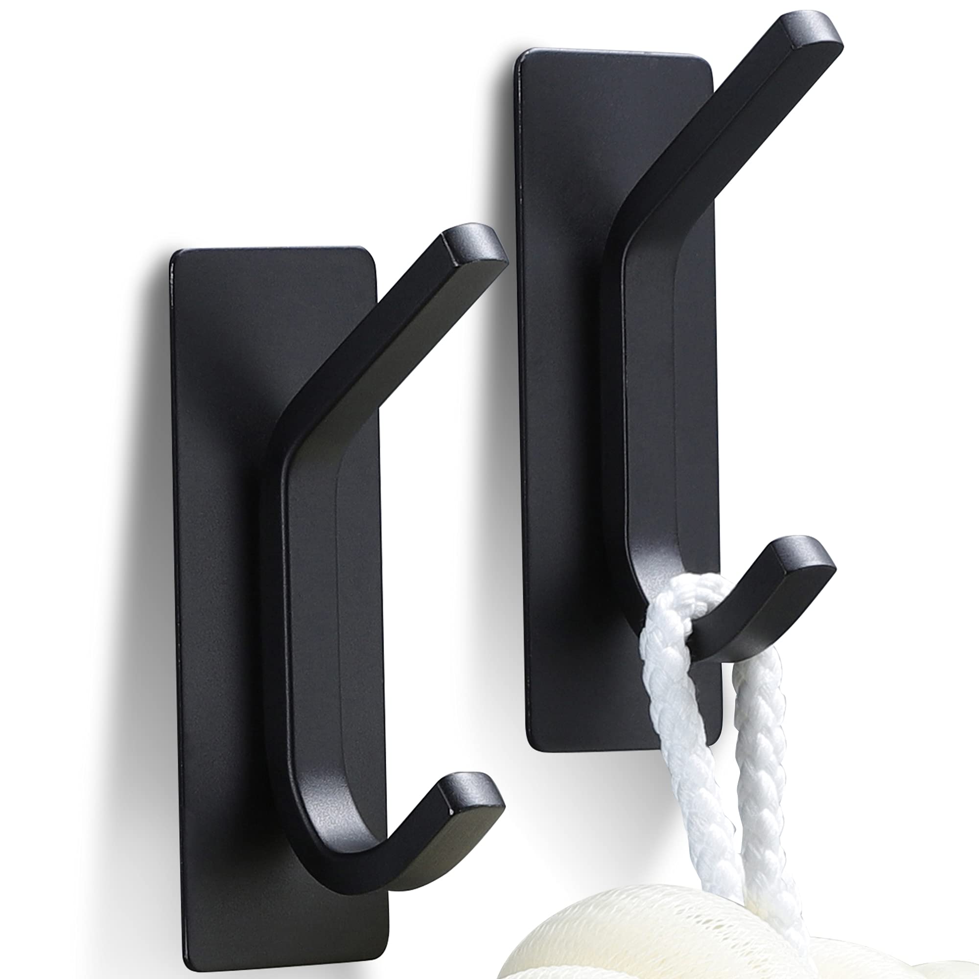 Taozun Adhesive Hooks - 2 Pack Heavy Duty Stainless Steel Wall Hooks for Towels, Coats & Robes | Rustproof Black Bathroom, Kitchen & Bedroom Hanging Solution | Perfect for Home Organization & Space Saving