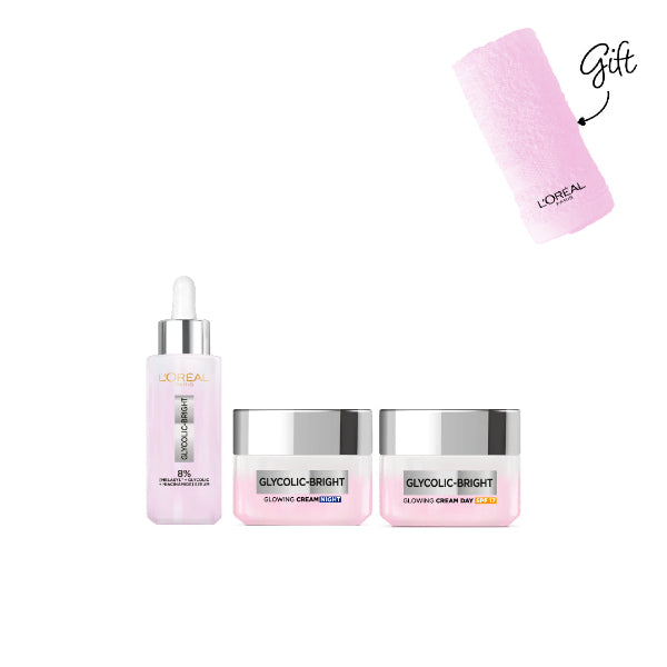 Glycolic Bright Day Cream 50ml + Night Cream 50ml + Melasyl Serum 30ml with FREE Towel - 20% OFF - Brightening Skincare Set for Day & Night Use - Perfect for Dry, Dull Skin