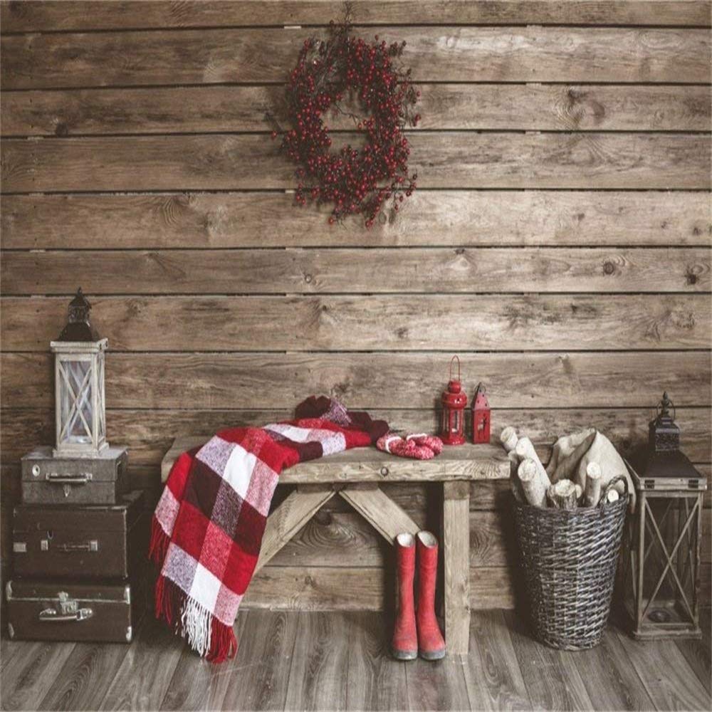 Leowefowa 8x8FT Vinyl Photography Backdrop - Christmas Wreath, Suitcase & Rustic Wood Wall Design for Baby/Kids/Adults Photo Shoots | Studio Props for Holiday, Birthday & Family Portrait Backgrounds