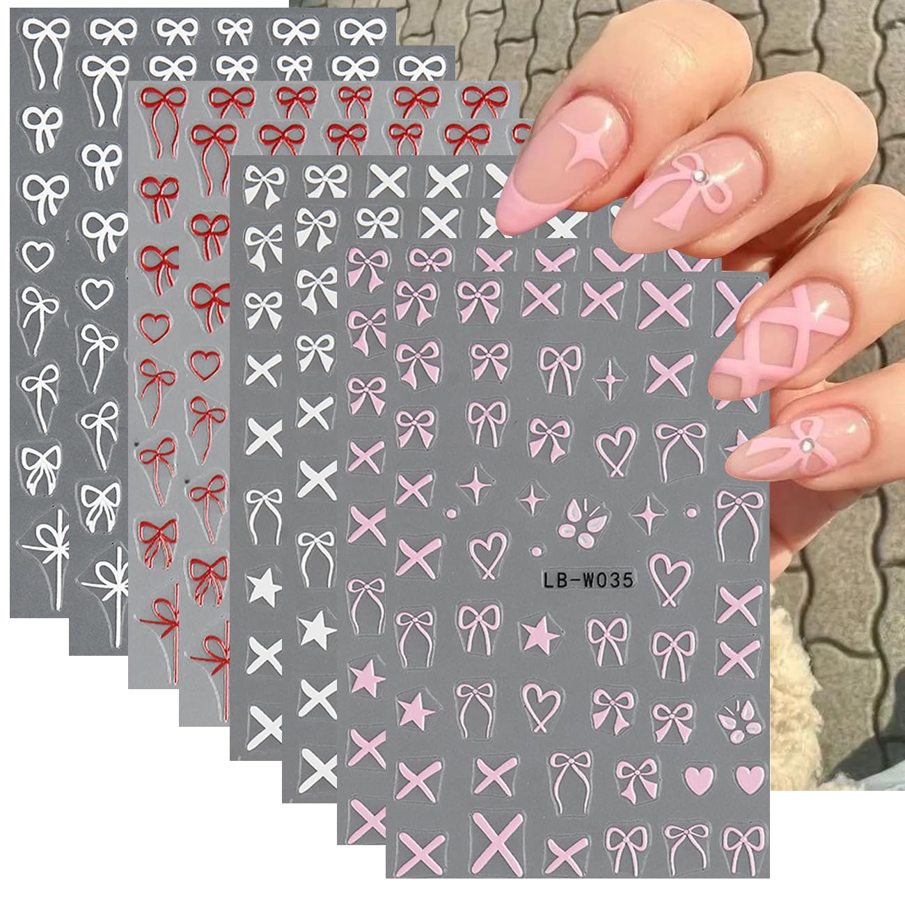 Valentine's Day 3D Heart Bow Nail Art Stickers - Self-Adhesive Nail Decals in White, Red & Pink for Women's Manicure | Perfect for Romantic Dates, Bridal Showers & Daily Nail Art Designs