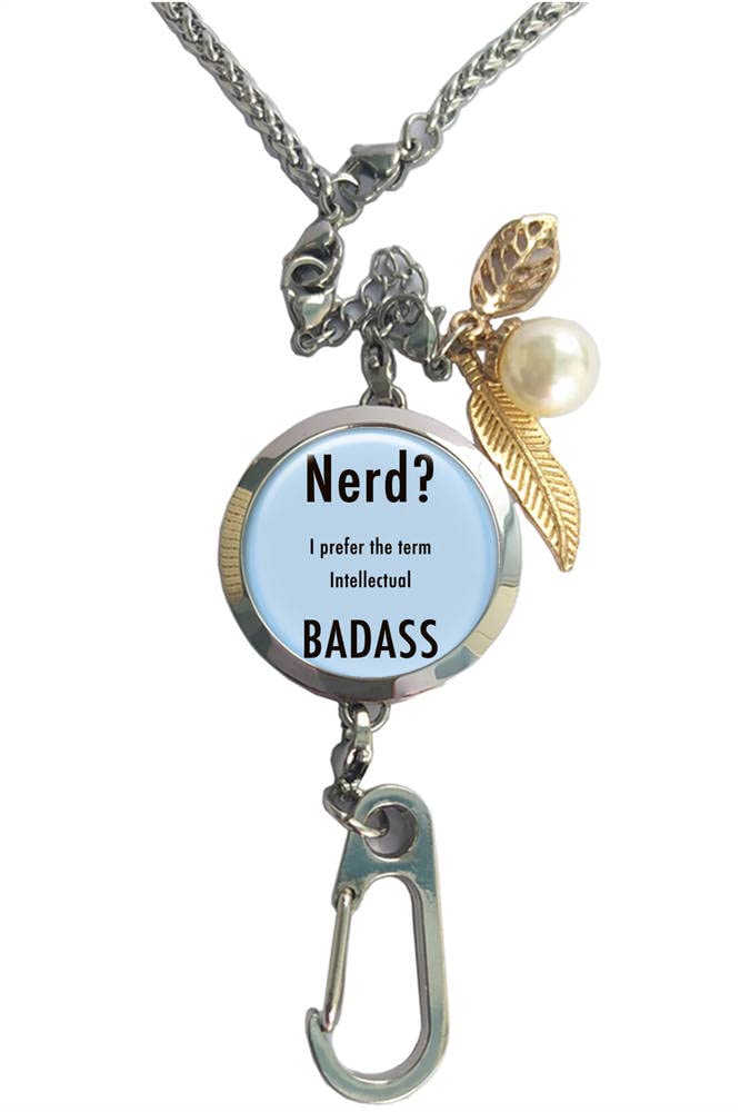 RhyNSky Intellectual Badass Aromatherapy Essential Oil Diffuser Locket - ID Badge Holder, Pendant Necklace, Bracelet & Keychain with Chain & Pads (Style C209) - Perfect for Work, Yoga, Meditation & Stress Relief