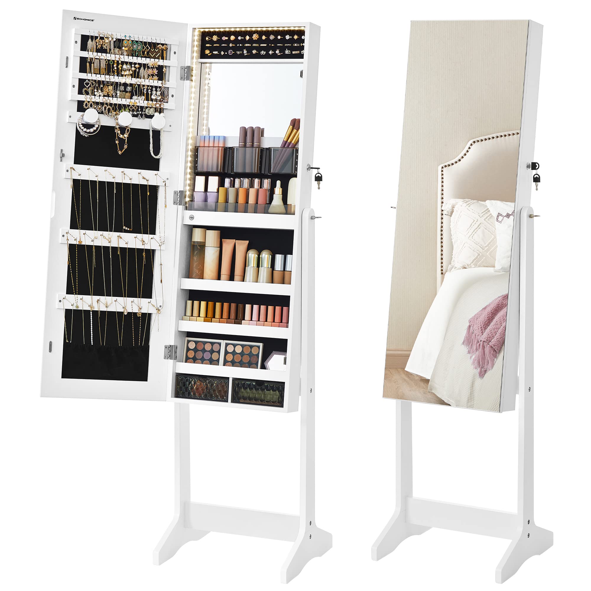 SONGMICS Full-Length LED Jewelry Cabinet with Mirror - White Standing Armoire Organizer with 2 Drawers & Lock, Frameless Design for Bedroom & Closet Storage | Perfect for Jewelry Display, Makeup Vanity & Home Decor