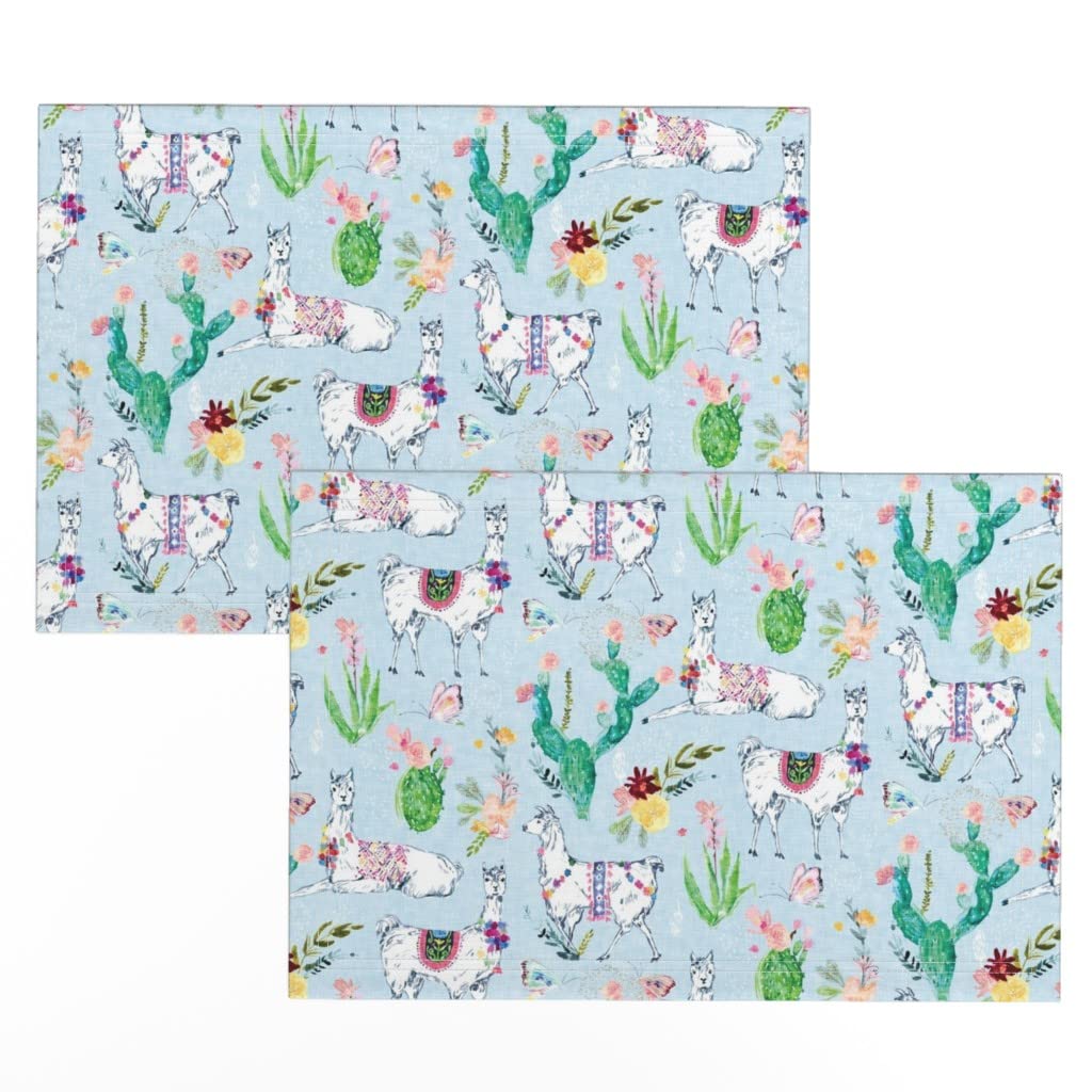 Premium Linen Cotton Canvas Placemats Set of 2 - Boho Llama & Alpaca Sky Blue Print for Dining Table, Nursery Decor, and Succulent Display | Washable & Durable Table Mats by Spoonflower
