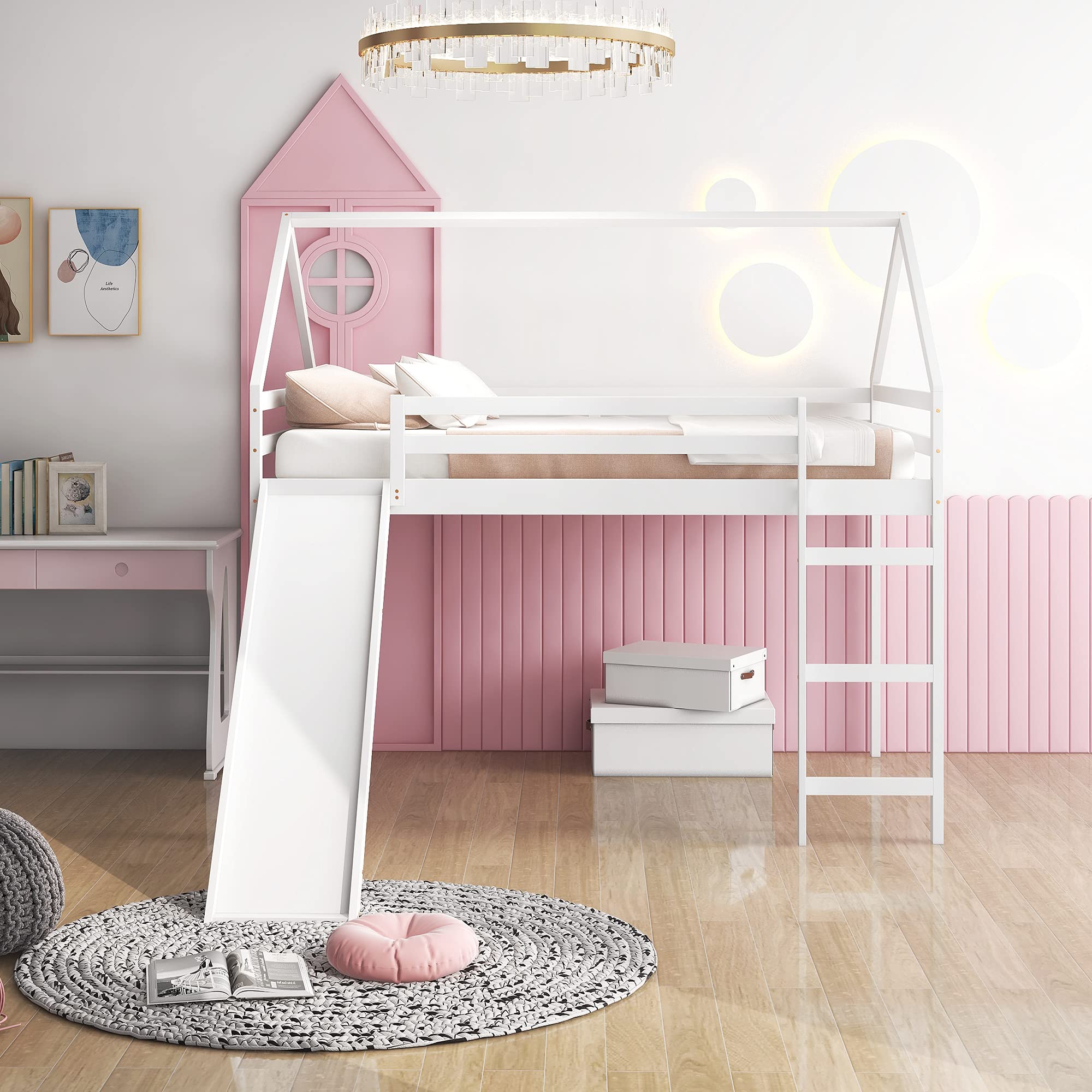 Winwee Full Size Wooden Loft House Bed with Roof & Fence Guardrail - Twin/Full Kids Loft Bed with Slide for Boys & Girls Bedroom (White) - Perfect for Small Spaces, Playrooms & Kids' Dream Bedrooms