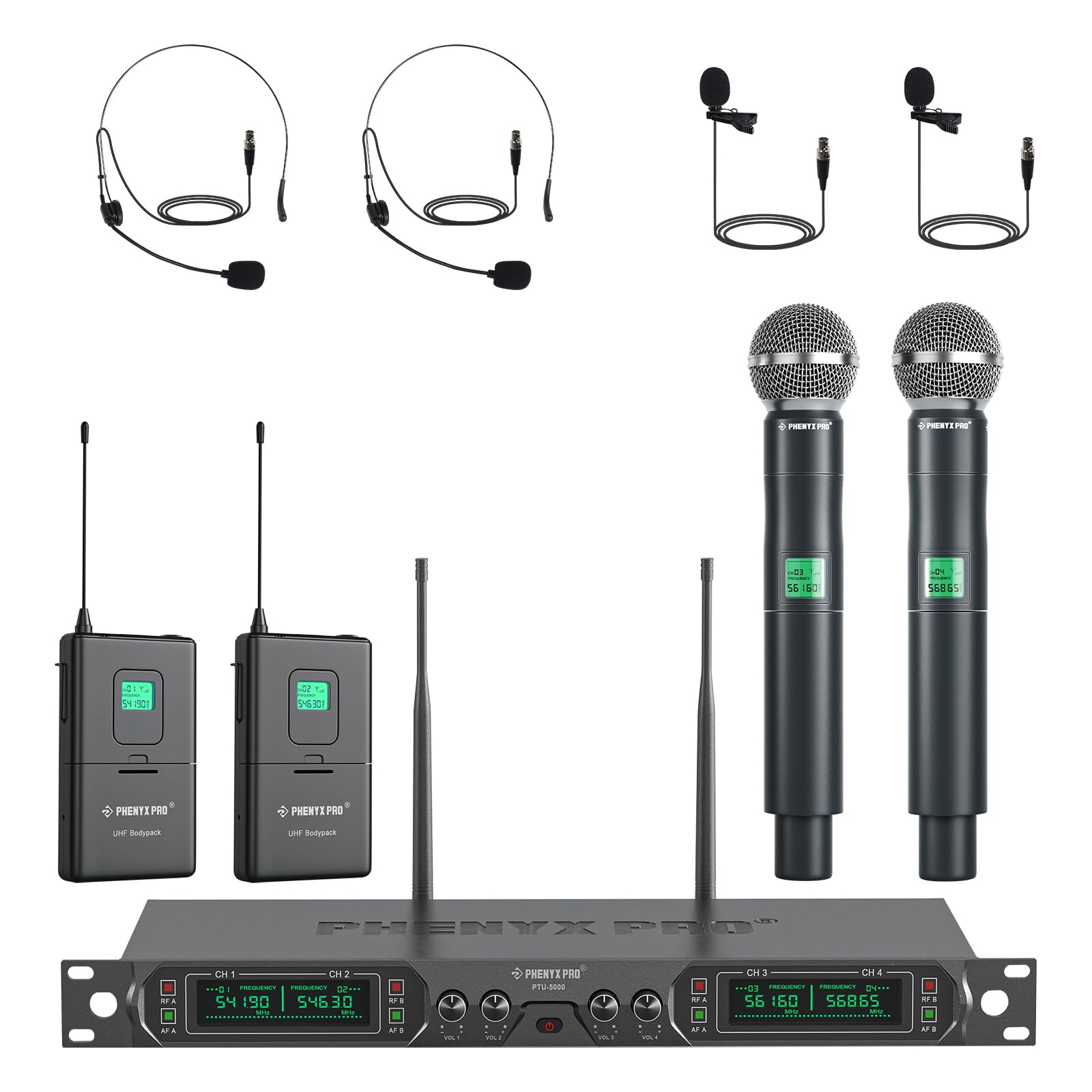 Phenyx Pro PTU-5000-2H2B 4-Channel UHF Wireless Microphone System with Handheld, Bodypack, Headset & Lapel Mics - Professional Fixed Frequency Metal Cordless Mic for Church, Karaoke, DJ, Live Performances & Events