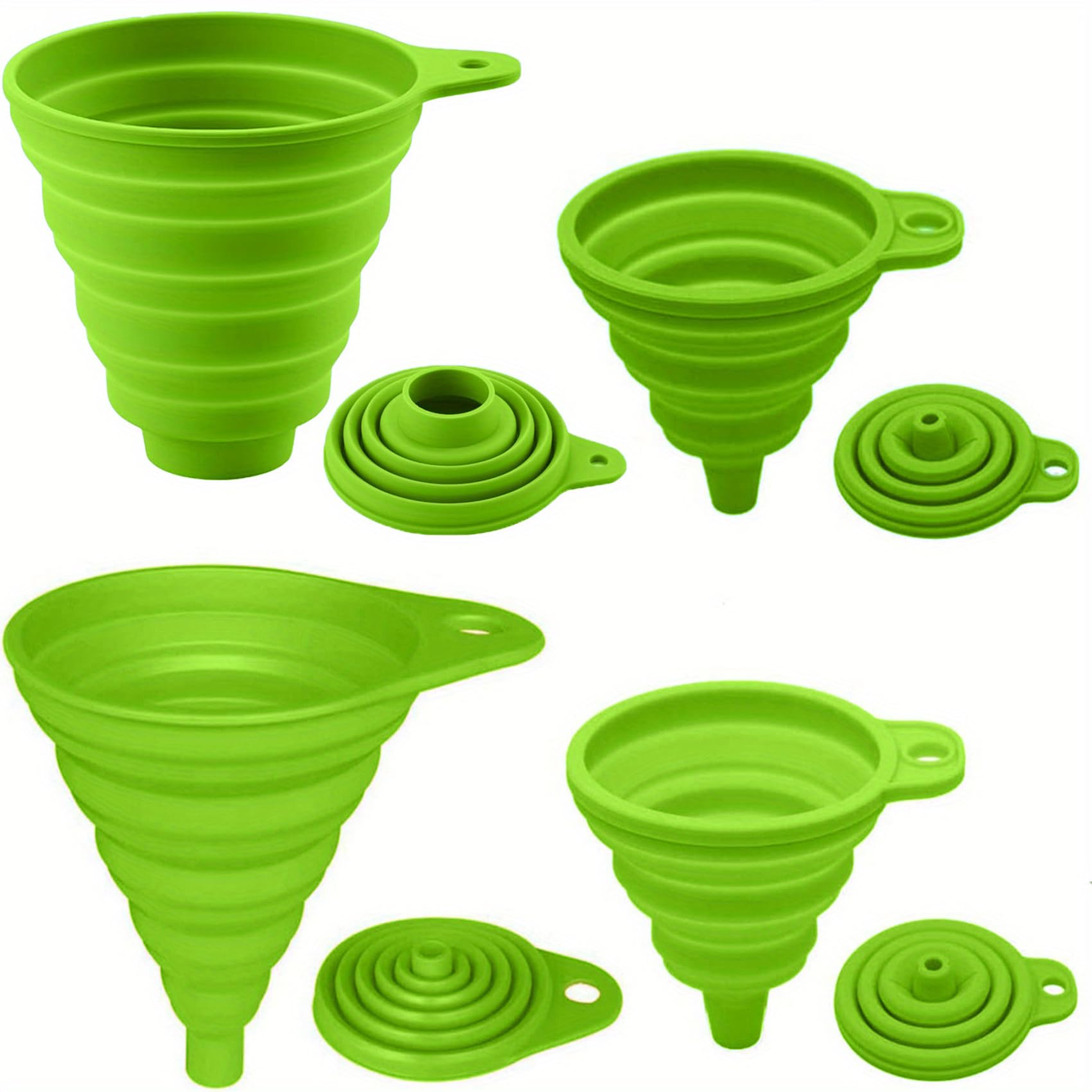 3 Sizes Collapsible Silicone Kitchen Funnel Set (4 Pack) - Food Grade, BPA Free for Filling Bottles, Jars & Containers - Perfect for Cooking, Baking, Oil Transfer & DIY Projects (Green)