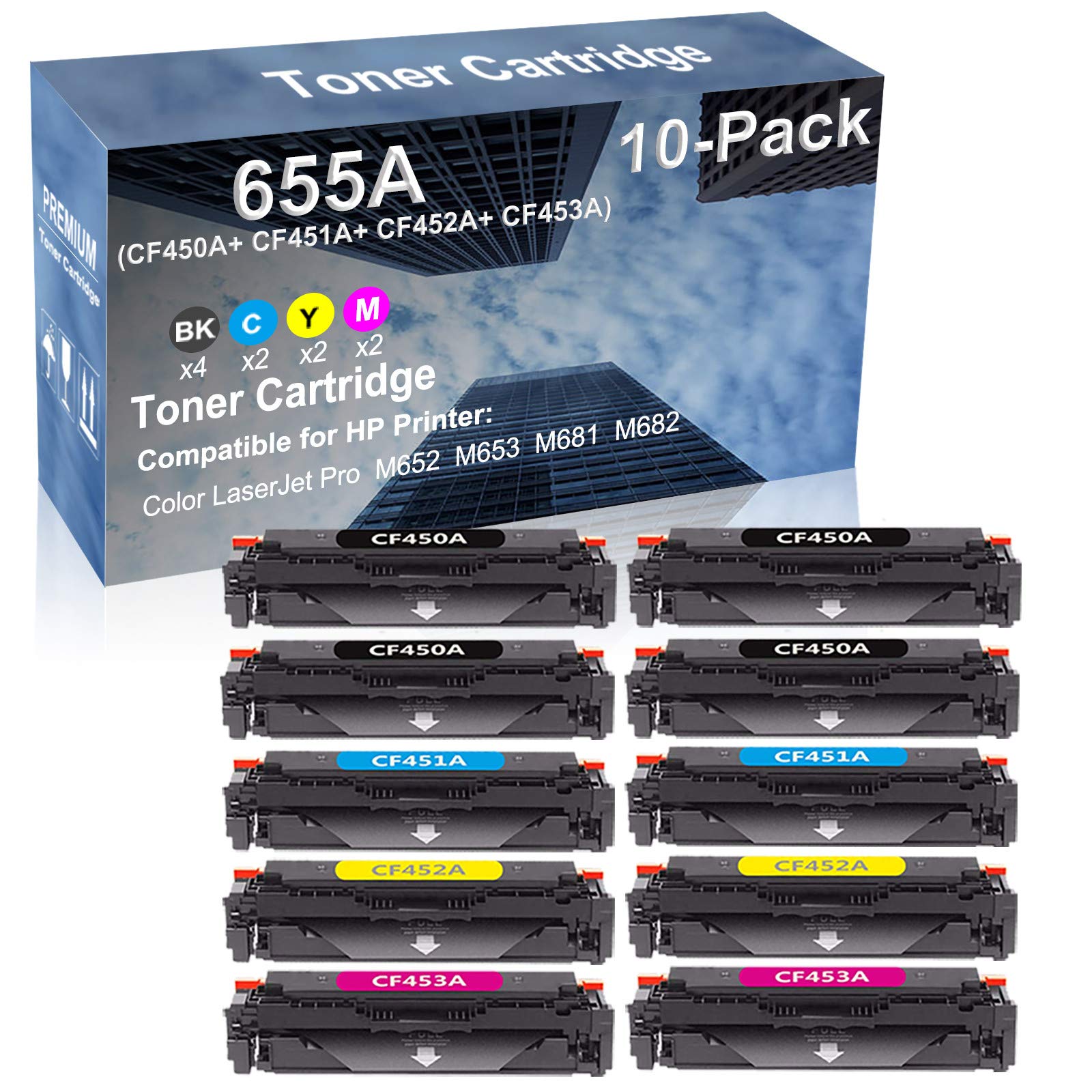 10-Pack (4BK+2C+2Y+2M) High Yield 655A Compatible Toner Cartridge for HP M652 M653 M681 M682 Printers - Replacement for CF450A CF451A CF452A CF453A - Ideal for Office & Home Printing Needs