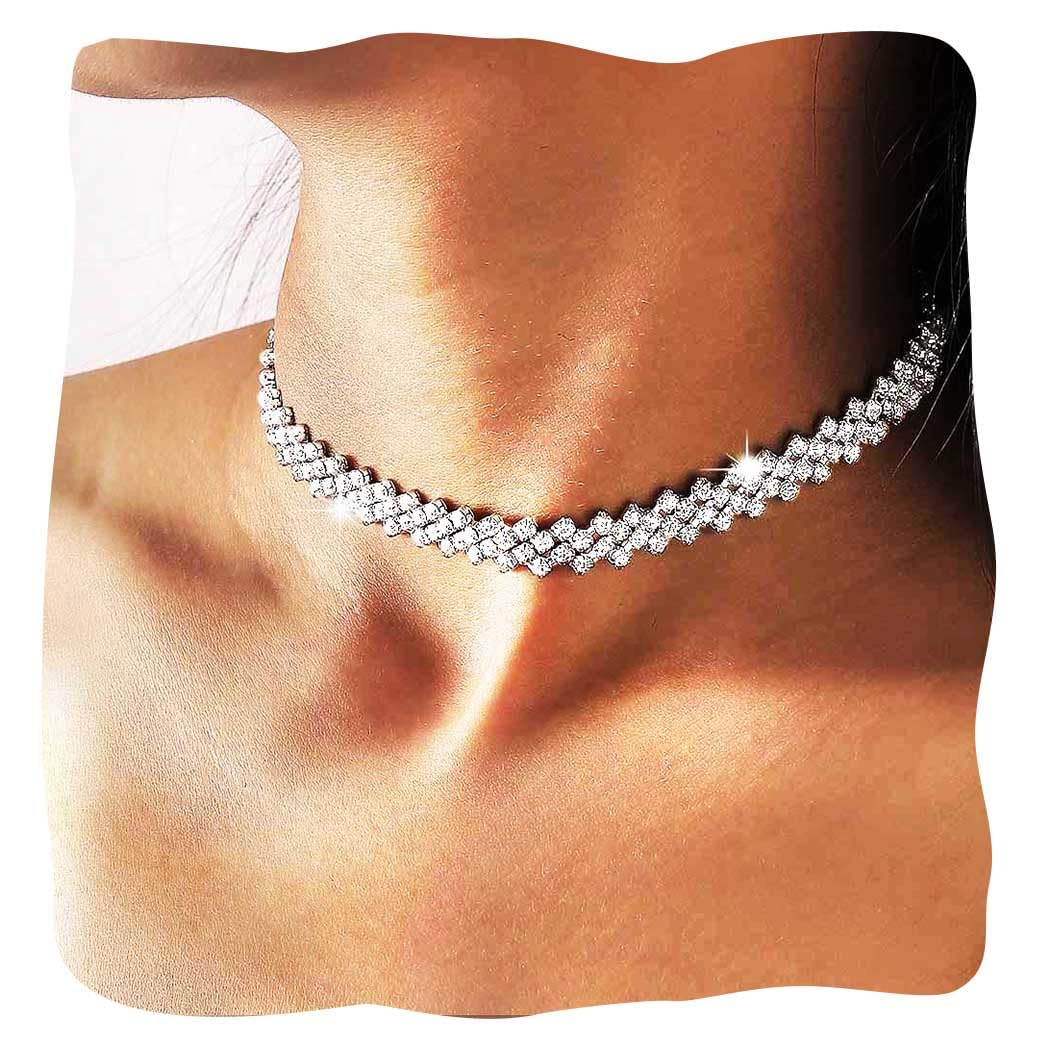 Sparkly Rhinestone Choker Necklace for Women - Silver Crystal Prom Jewelry & Party Accessories | Perfect for Weddings, Dances, and Special Occasions