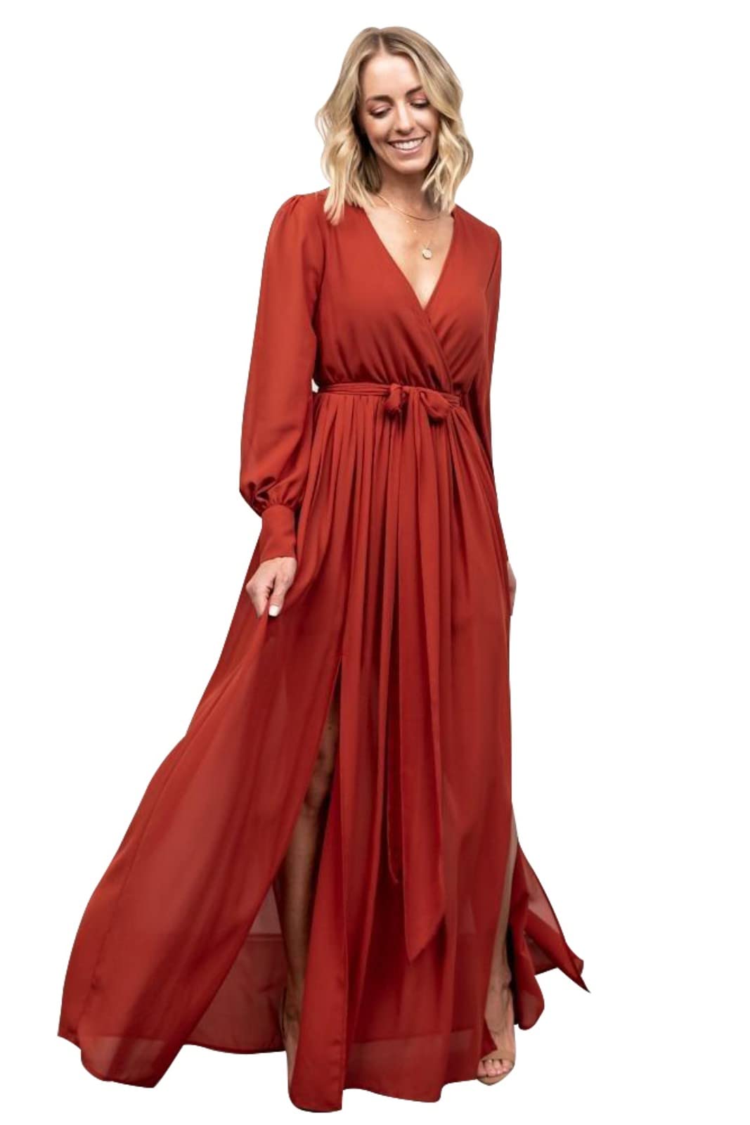 Elegant V-Neck Long Sleeve Bridesmaid Dress with High Slit - Formal Evening Gown for Weddings, Prom, Cocktail Parties & Special Occasions