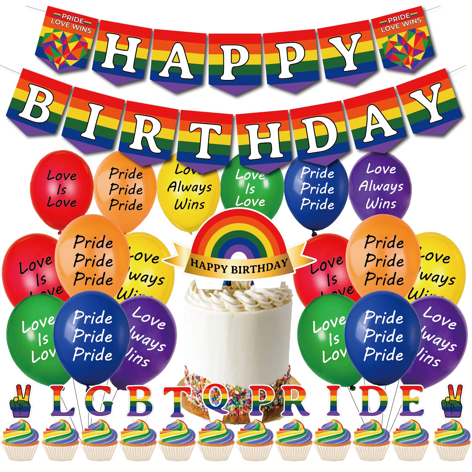LGBTQ+ Birthday Party Decorations Set - Rainbow Happy Birthday Banner, Latex Balloons, Cake Topper & Cupcake Toppers for Gay Pride Celebrations | Perfect for LGBTQ+ Themed Parties, Pride Month Events & Rainbow Birthday Decorations