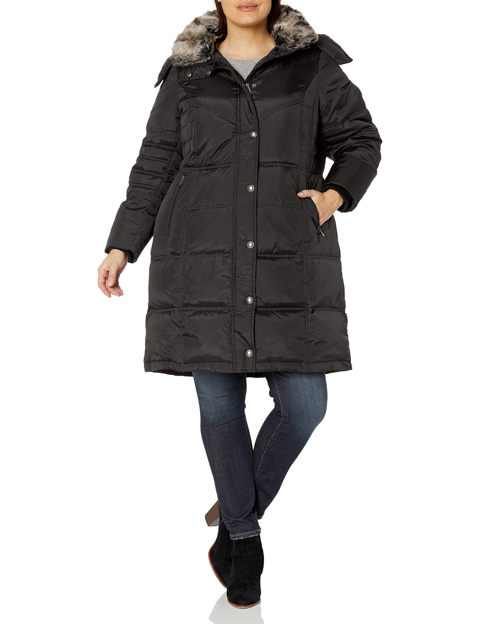 London Fog Women's Plus-Size Mid-Length Winter Coat with Faux-Fur Collar & Hood - Waterproof Down Jacket for Cold Weather, Outdoor Activities & City Fashion