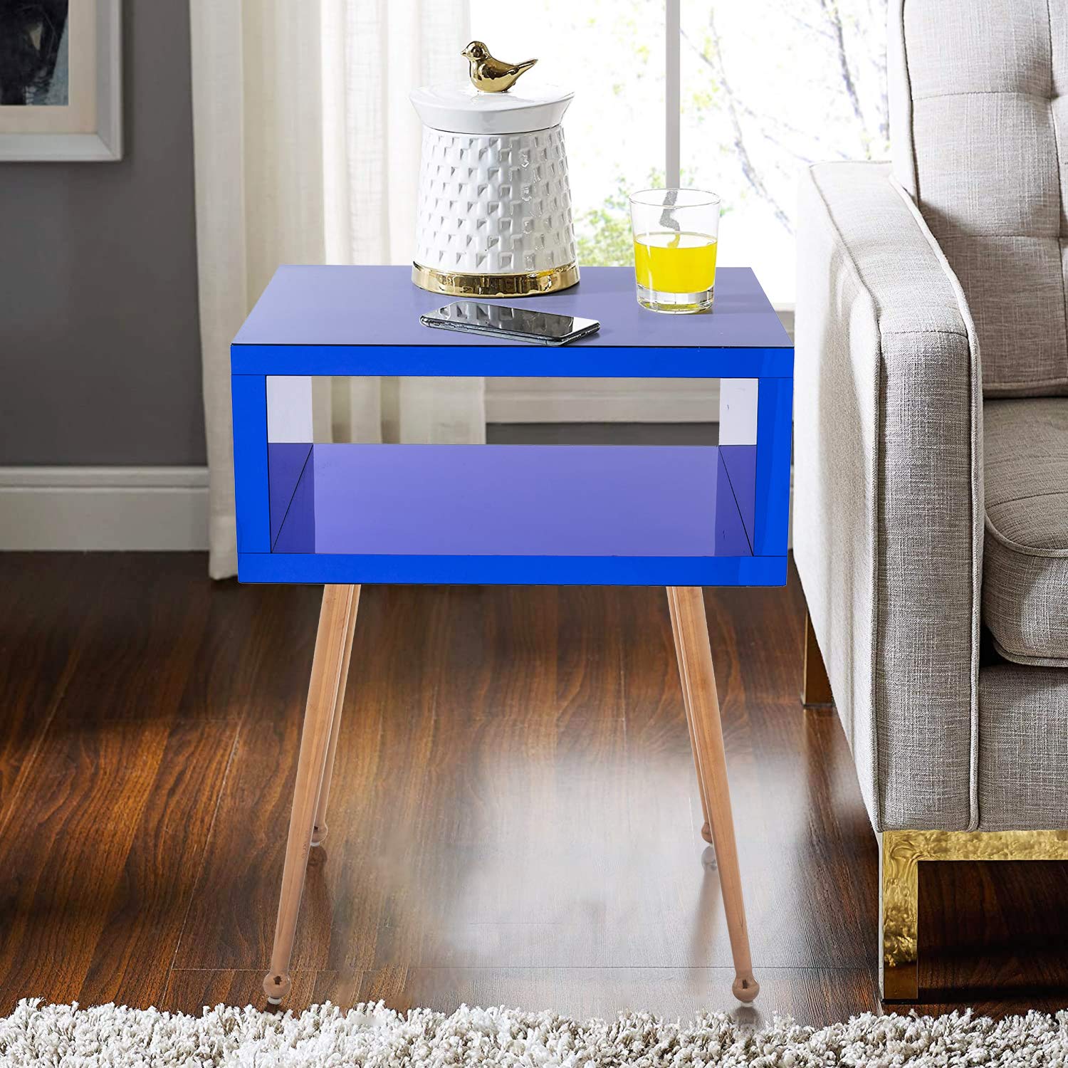 Spaco Acrylic Mirror End Table with Open Shelf - Modern Nightstand for Living Room, Bedroom & Sofa (Navy Blue) - Perfect for Small Spaces, Guest Rooms & Apartment Decor