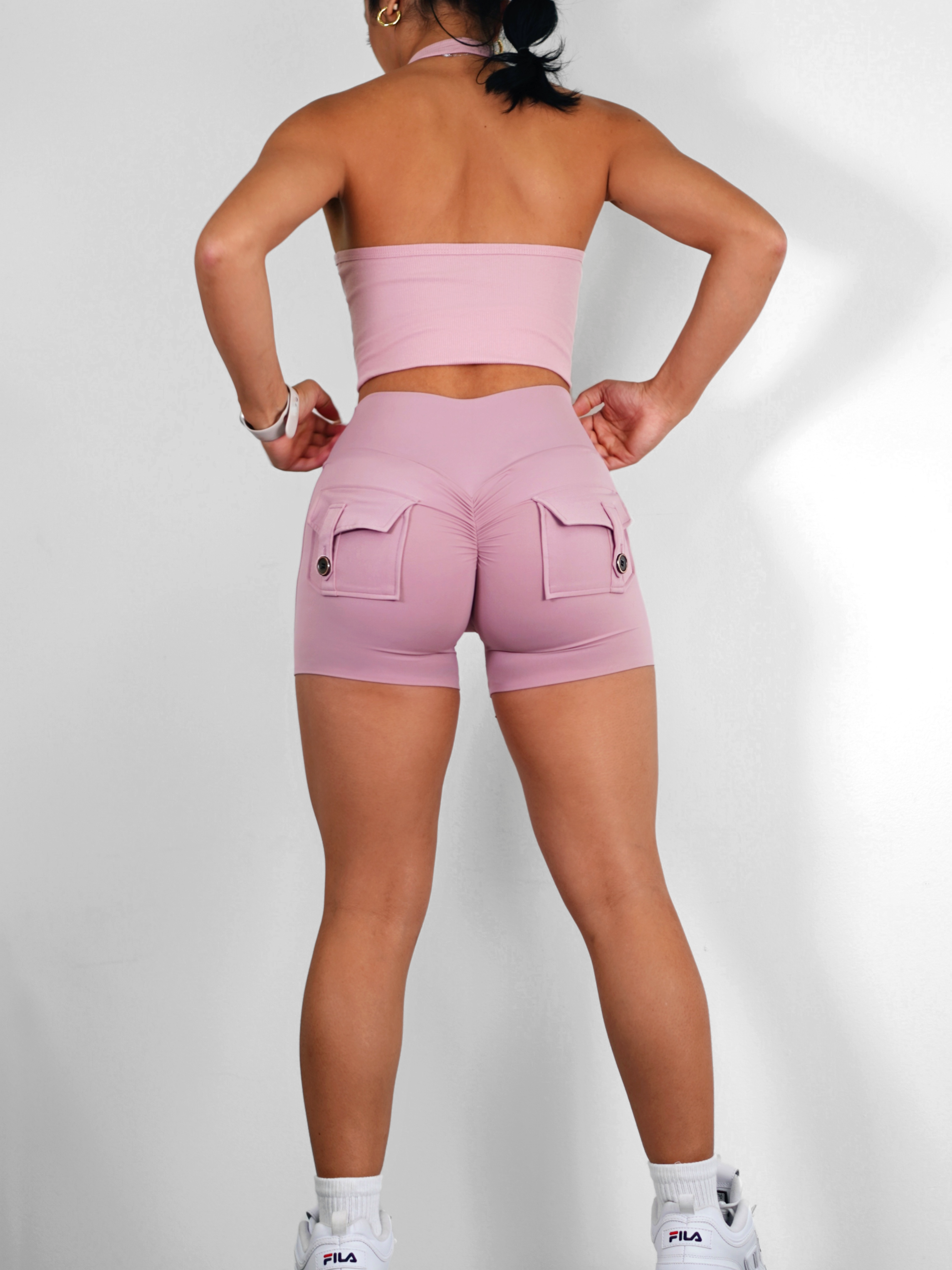 Booty Pocket Scrunch Shorts for Women - High Waisted Yoga Shorts with Pockets, Soft & Stretchy Workout Shorts (Pastel Pink) - Perfect for Gym, Running, Yoga & Lounge Wear