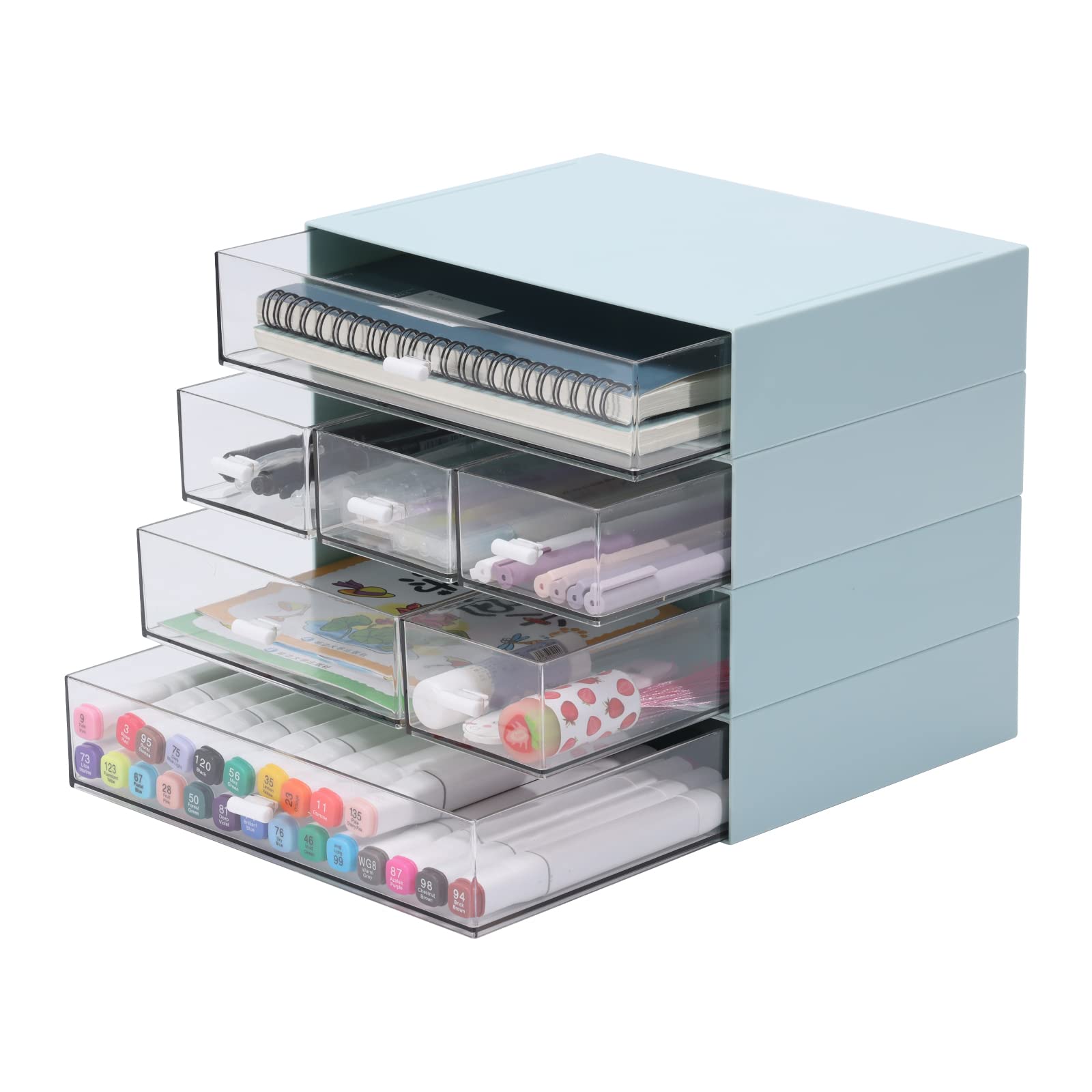 7-Drawer Stackable Plastic Desk Organizer - Office Supplies, Makeup & Skincare Storage, Sanitation Supplies Holder - Blue - Perfect for Home Office, Vanity Table & Bathroom Organization