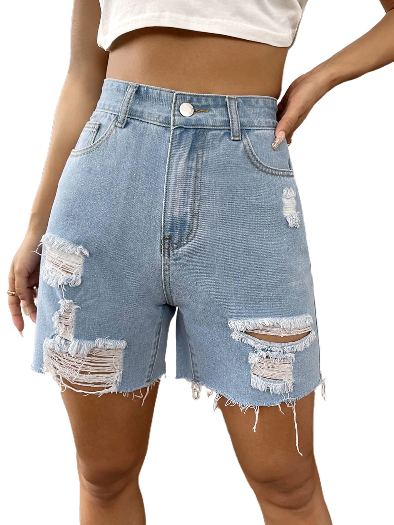 SheIn Women's Distressed Denim Boyfriend Shorts with Pockets - Casual Summer Streetwear for Outfits & Beach Vacations