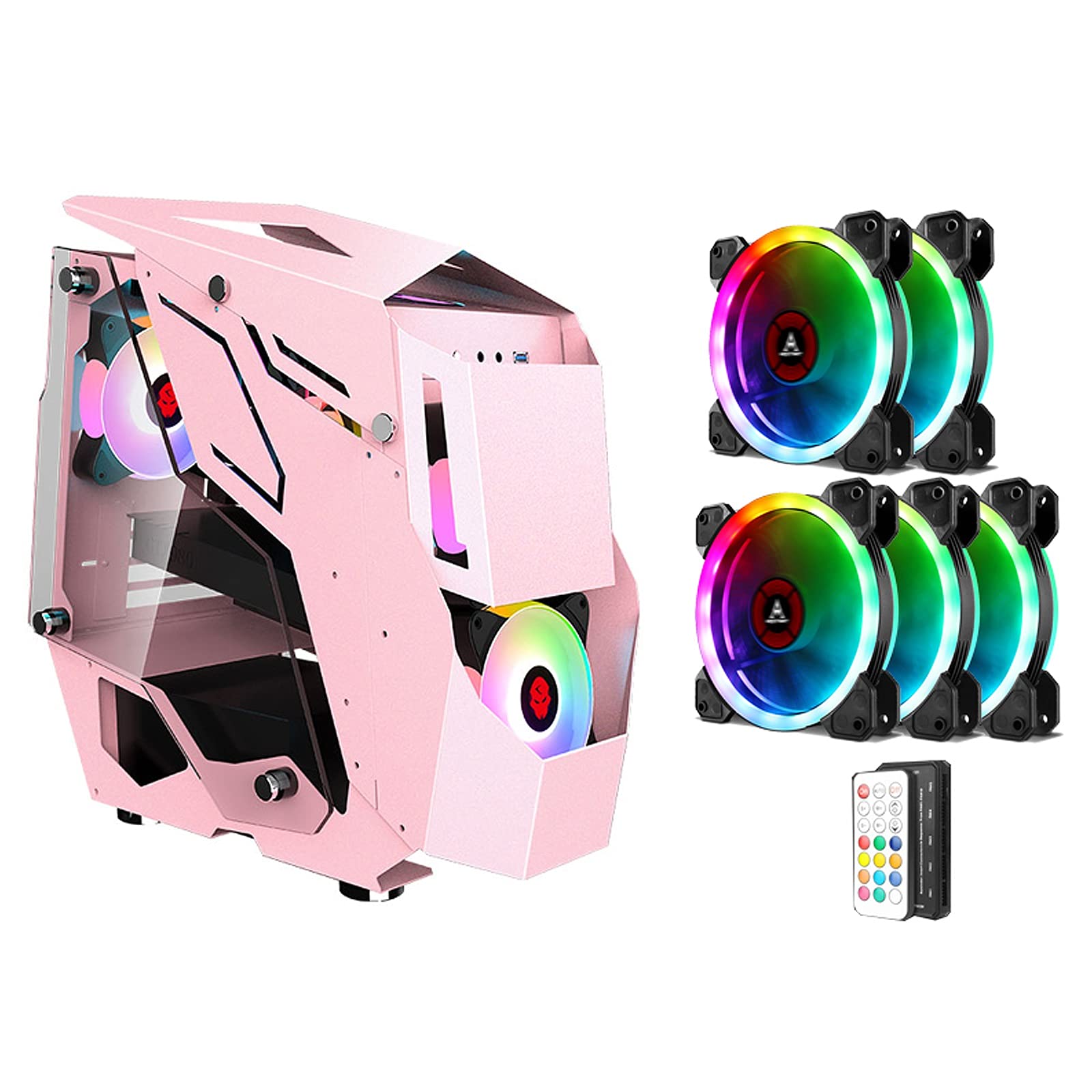 Pink M-ATX Gaming Computer Case with 5 RGB Fans, USB 3.0 Ports & Tempered Glass Side Panel - Remote Control, Water Cooling Ready PC Chassis for Gaming Setup & Home Office Workstation