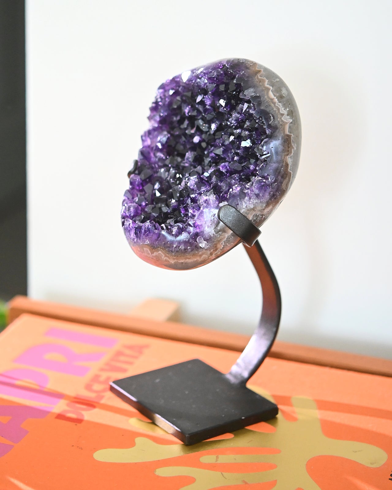 Natural Amethyst Crystal Geode on Wooden Stand - 3.9lbs Healing Stone for Home Decor, Meditation & Spiritual Gifts