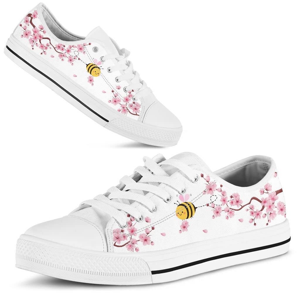 Japanese Sakura Cherry Blossom Bee Canvas Low Top Sneakers - Unisex Casual Shoes for Men & Women - Perfect Gift for Japanese Culture Lovers - Ideal for Spring Outfits, Anime Conventions & Cherry Blossom Festivals