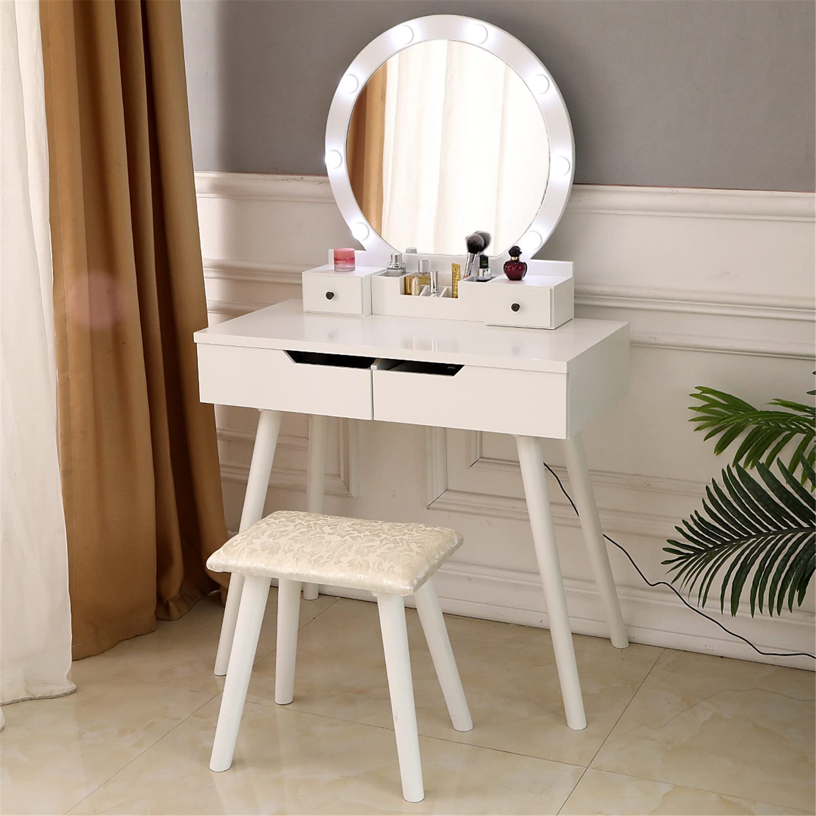 Modern White Makeup Vanity Desk Set with LED Mirror, Drawers & Stool - Small Dressing Table for Girls & Women, Perfect for Bedroom, Dorm Room, and Beauty Salon - Compact Makeup Organizer with Lights