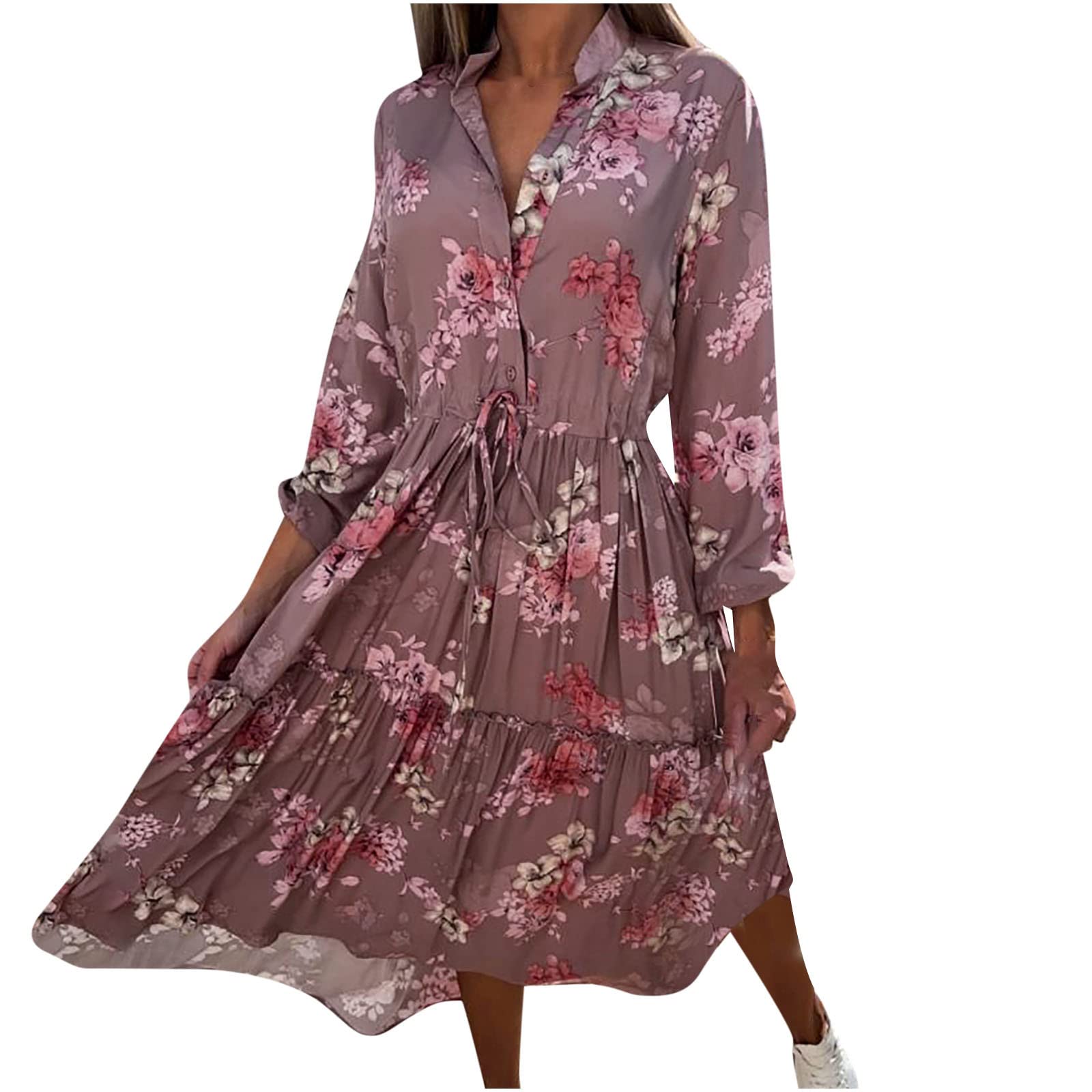 Women's Summer Sundress 2024 - Casual V-Neck Floral Print Lace Long Sleeve Loose Hem Strappy Backless Dress for Beach, Evening Party & Vacation | Lightweight Flowy Maxi Dress for Women