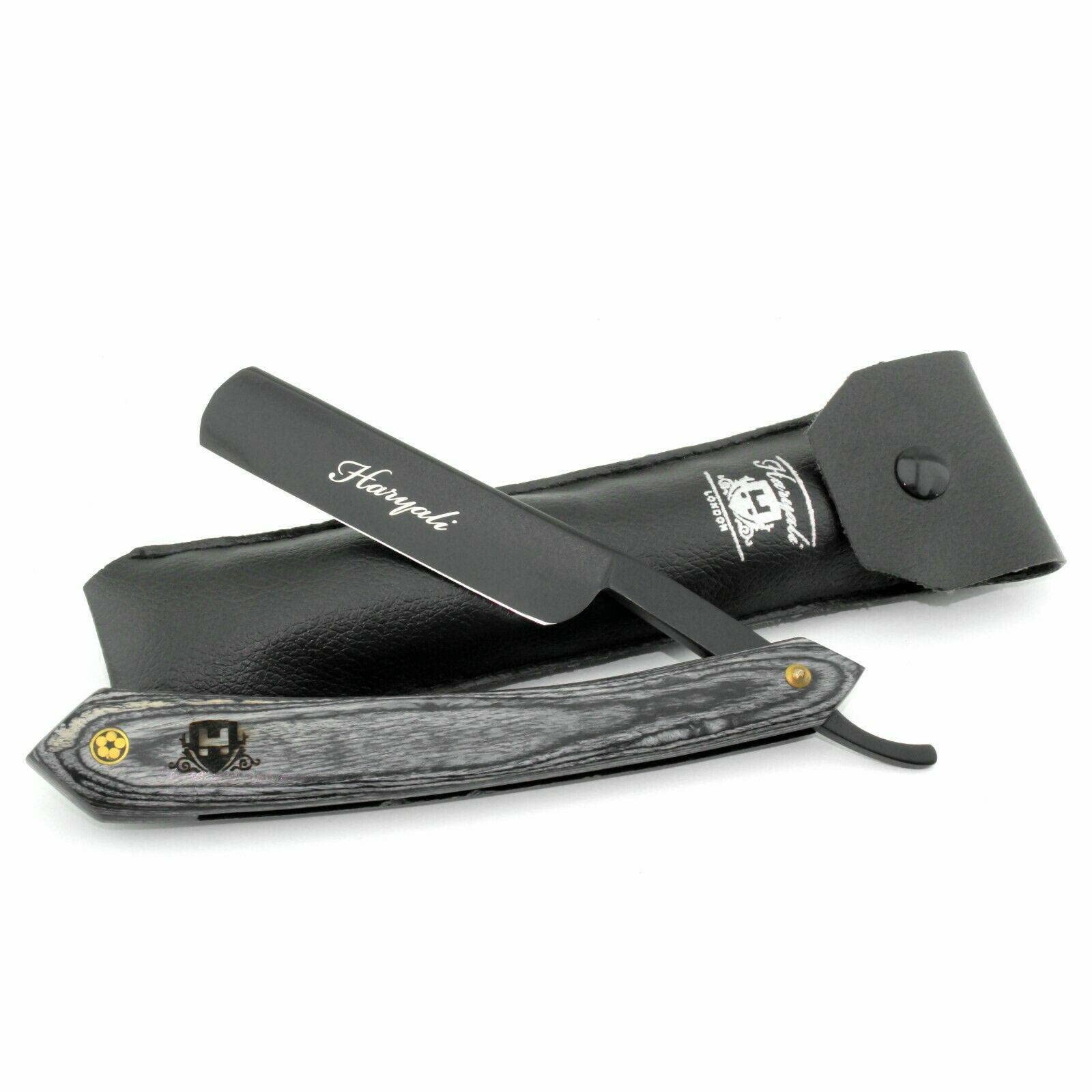 Haryali London Cut Throat Razor Kit - Premium Wood Handle Straight Razor for Professional Barber & Men's Grooming - Mustache & Beard Shaving Set - Black Grey (Irish Point Scales) - Perfect for Home Shaving, Barbershops & Gift for Men