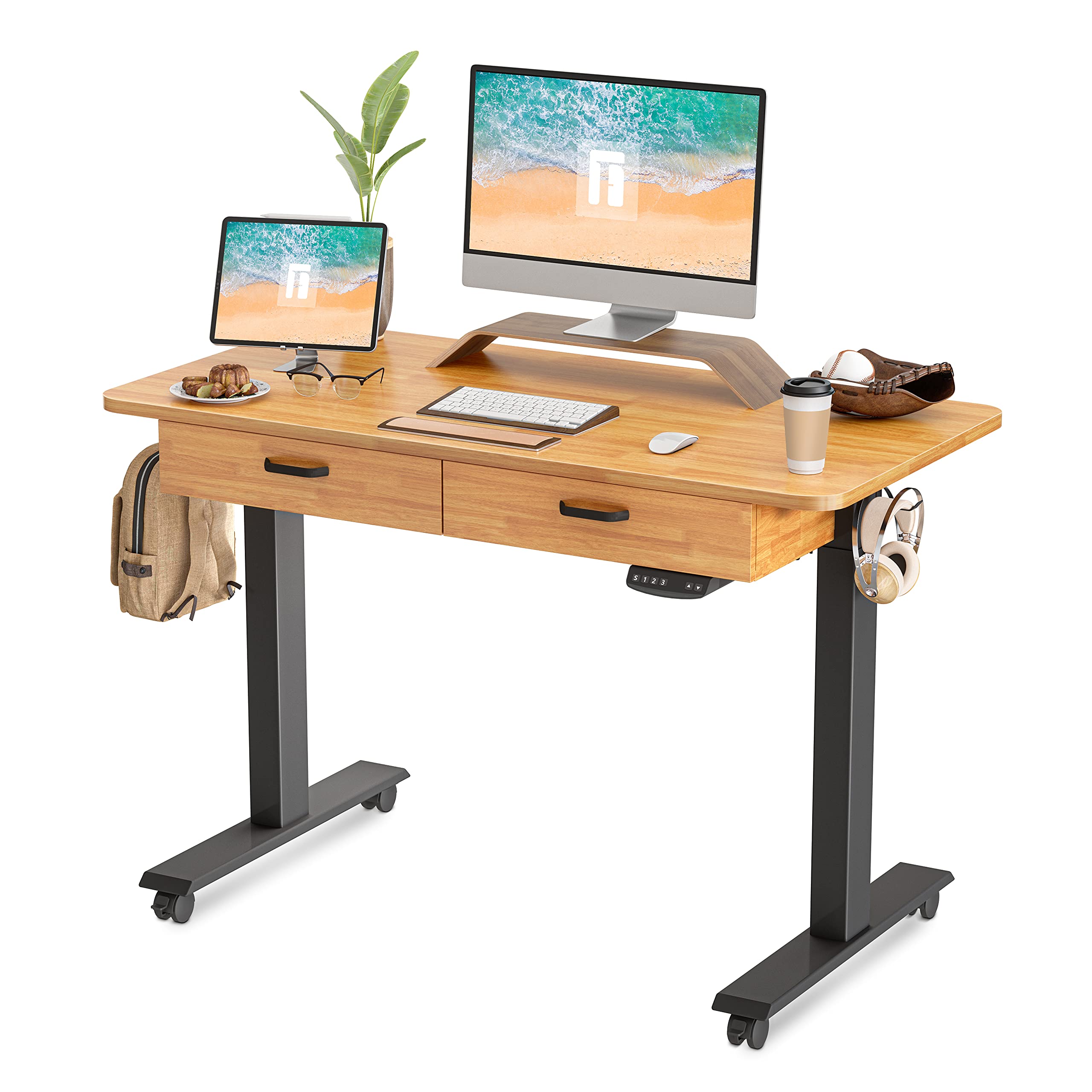 FEZIBO 48x24 Inches Electric Standing Desk with Double Drawers - Adjustable Height Ergonomic Workstation (Black Frame/Rubberwood Top) for Home Office, Gaming & Study Workspace