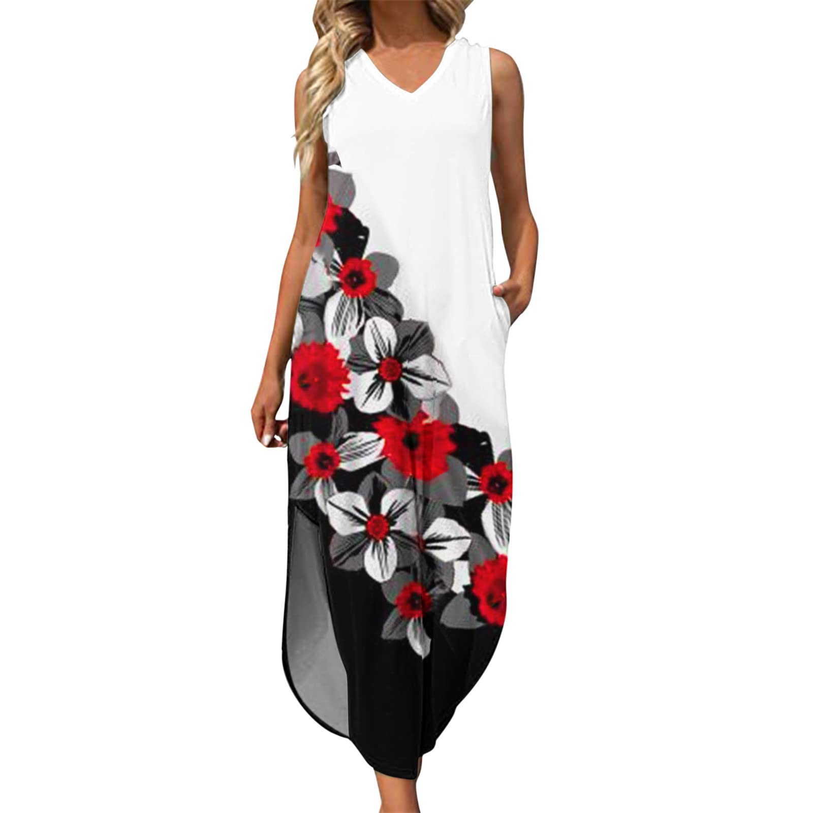 Women's Casual Summer Sleeveless V-Neck Tank Dress with Pockets - Solid Color Beachwear for Vacation, Party & Everyday Wear