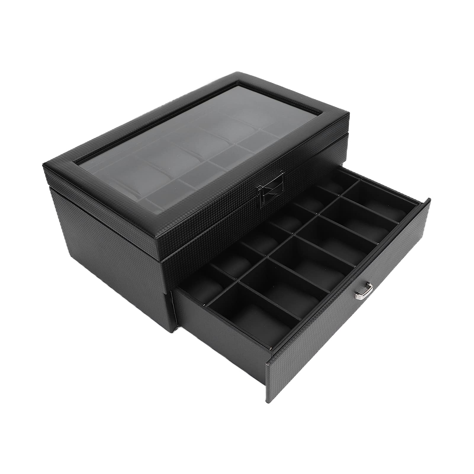 Premium PU Leather Watch Display Storage Box with Carbon Fiber Liner & Clear Lid - Jewelry Organizer Case for Watches, Rings, Necklaces - Perfect for Retail Stores, Home Collections & Travel Accessories