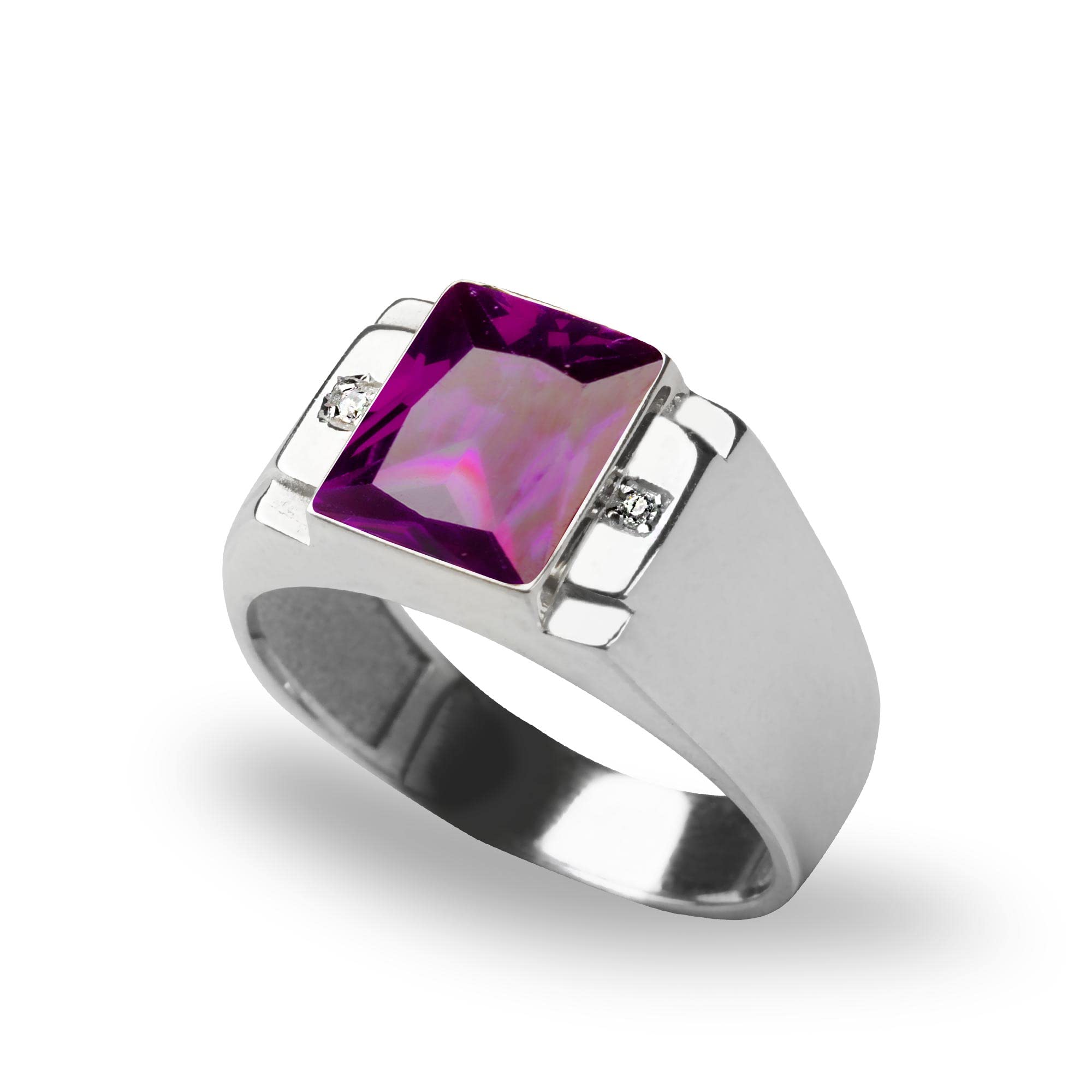 Blake's Sterling Silver Men's Ring with 2 Diamonds & Baguette Sapphire/Emerald/Ruby/Citrine/Amethyst/Topaz Options - Size 5-15 - Luxury Men's Jewelry Gift for Anniversary, Wedding & Special Occasions