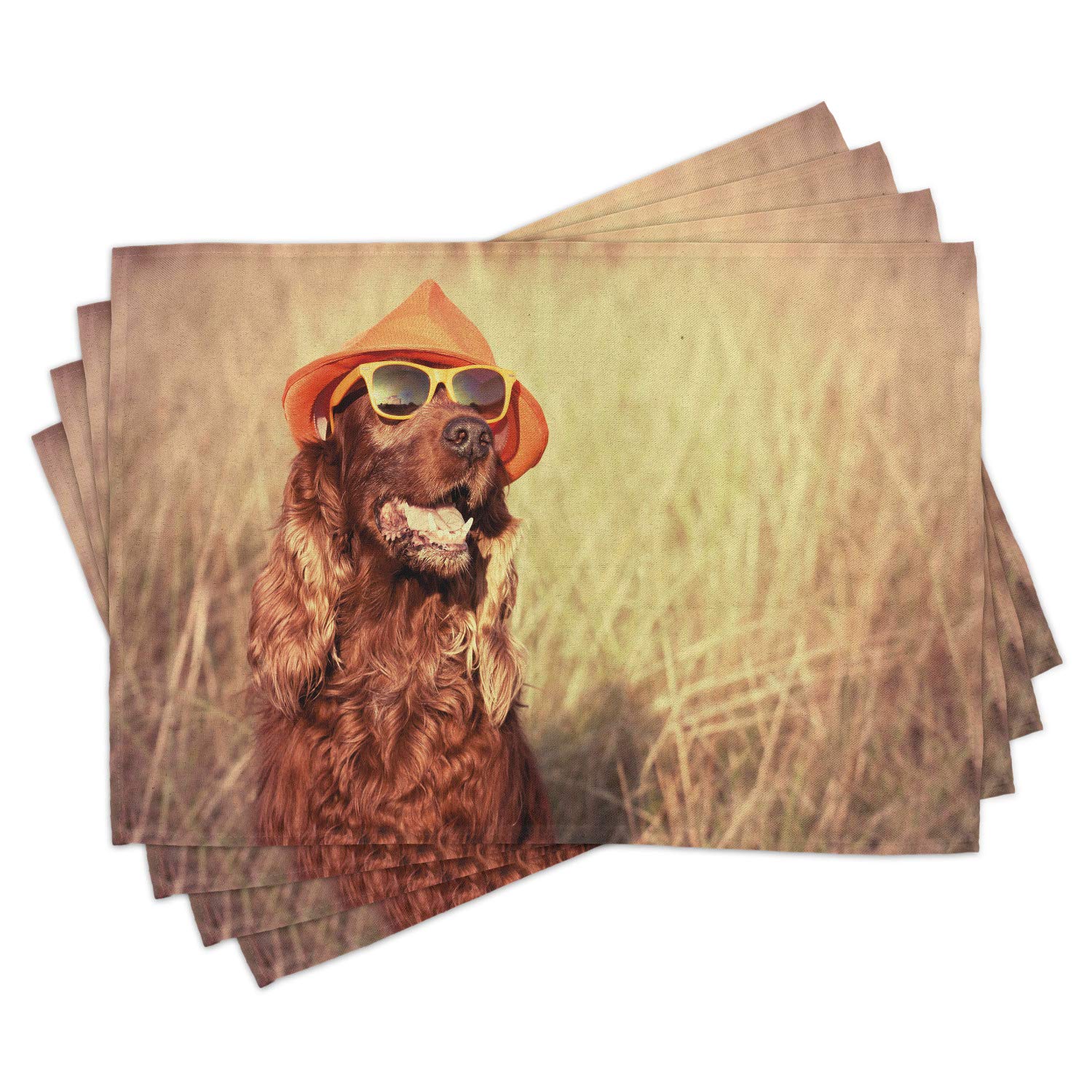 Ambesonne 4-Piece Animal Placemats Set - Funny Retro Irish Setter Dog with Hat & Sunglasses Design - Washable Fabric Table Mats for Dining Room & Kitchen Decor (Red/Brown/Tan) - Perfect for Family Dinners, Parties, and Pet Lover Home Decor