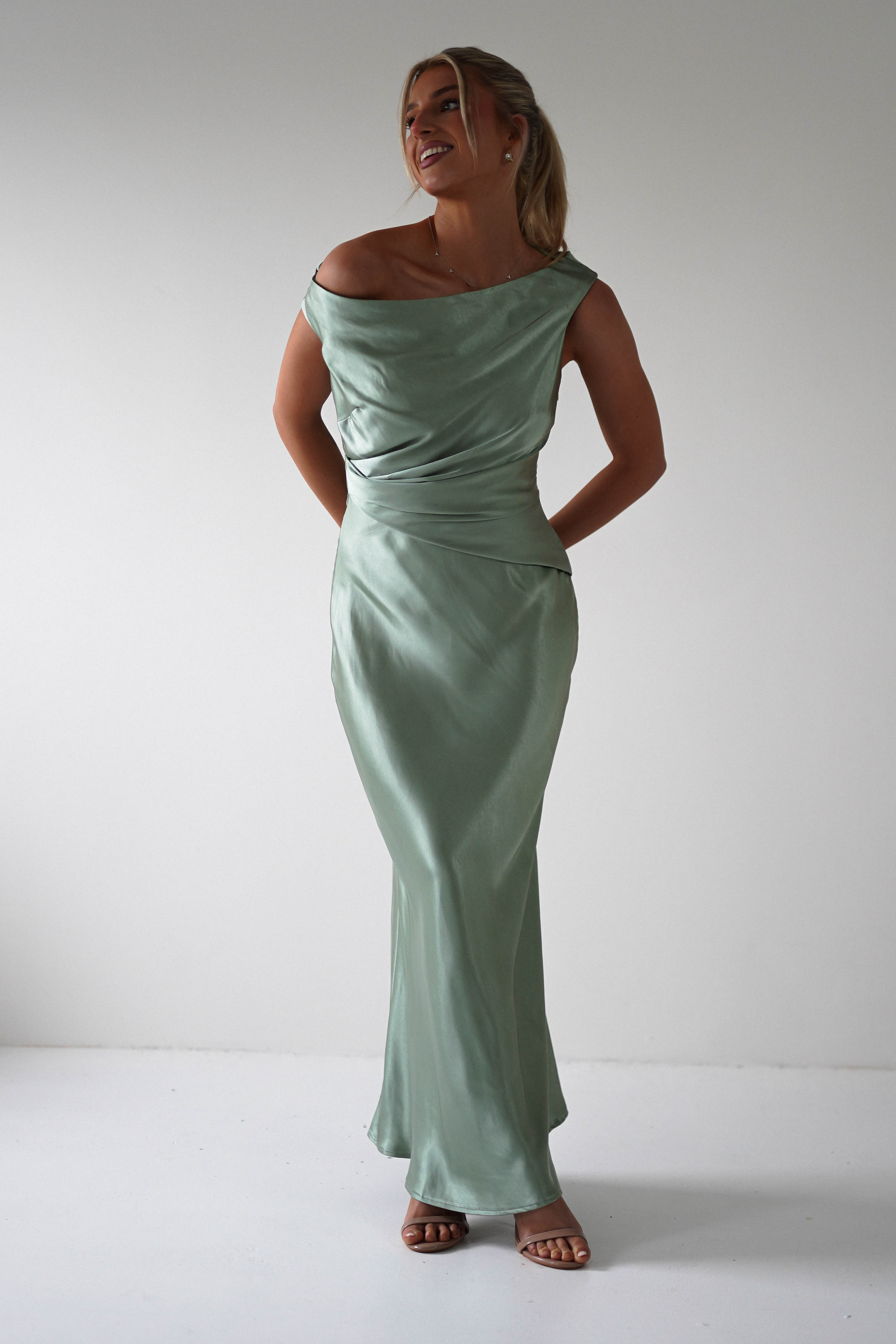 Nela Soft Off The Shoulder Maxi Dress for Women | Flowy Summer Beach Dress in Sage Green | Perfect for Vacations, Weddings & Date Nights