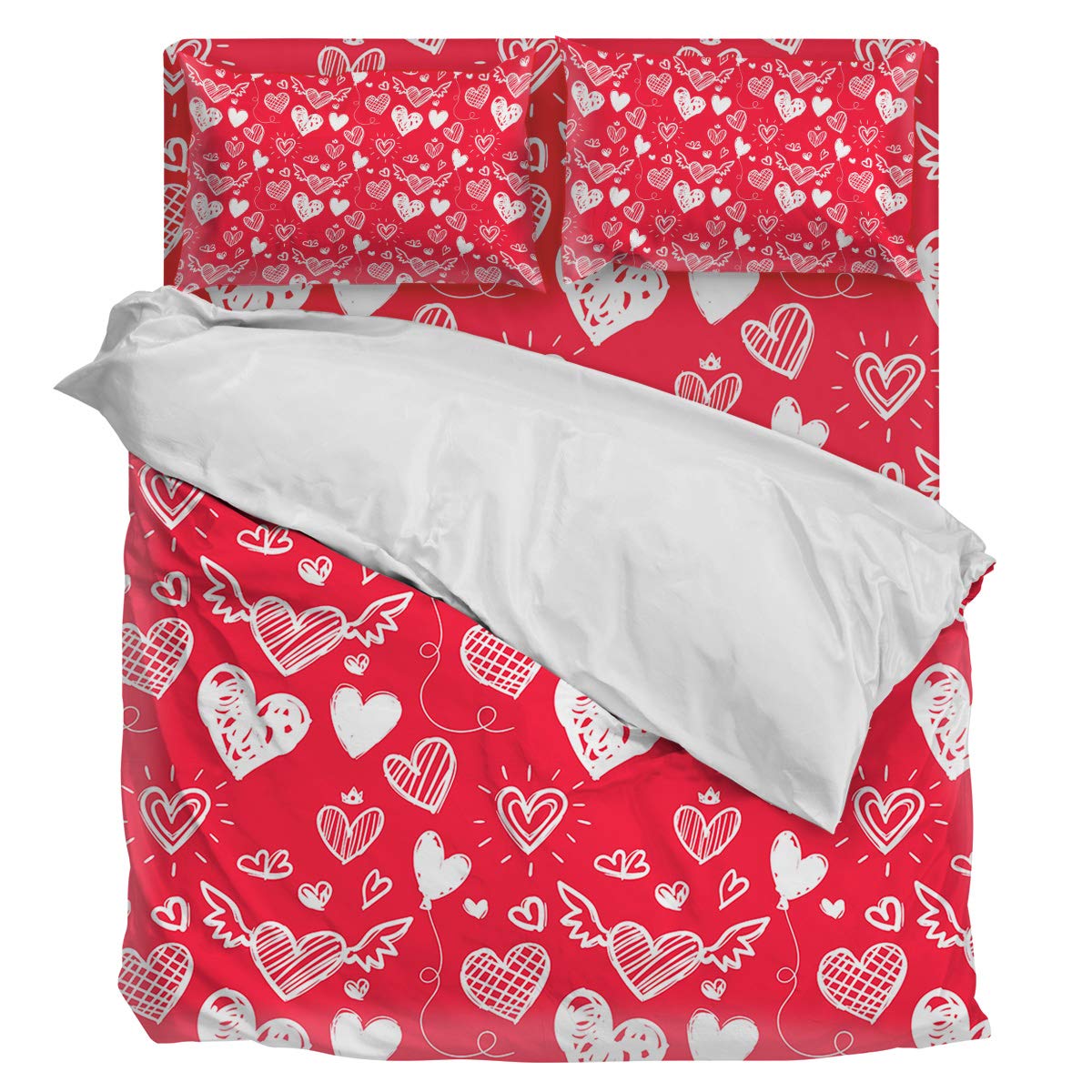 Luxury 4-Piece Full Size Duvet Cover Set - Soft Sunflower & Heart Pattern Bedding (Duvet Cover + Sheet + 2 Pillowcases) - Valentine's Day Red & White Home Decor for Master Bedroom & Guest Room