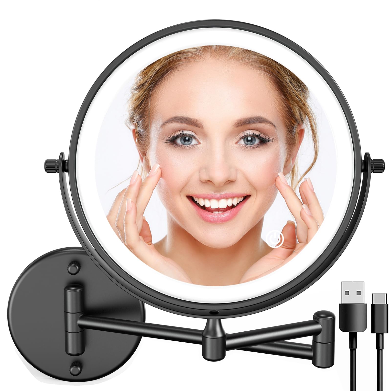 Rechargeable 8 Inch Wall Mounted LED Makeup Mirror - 1X/10X Magnification, 3 Color Lighting, Touch Dimming, 360° Rotation for Vanity & Bathroom | Perfect for Makeup Application, Skincare & Grooming