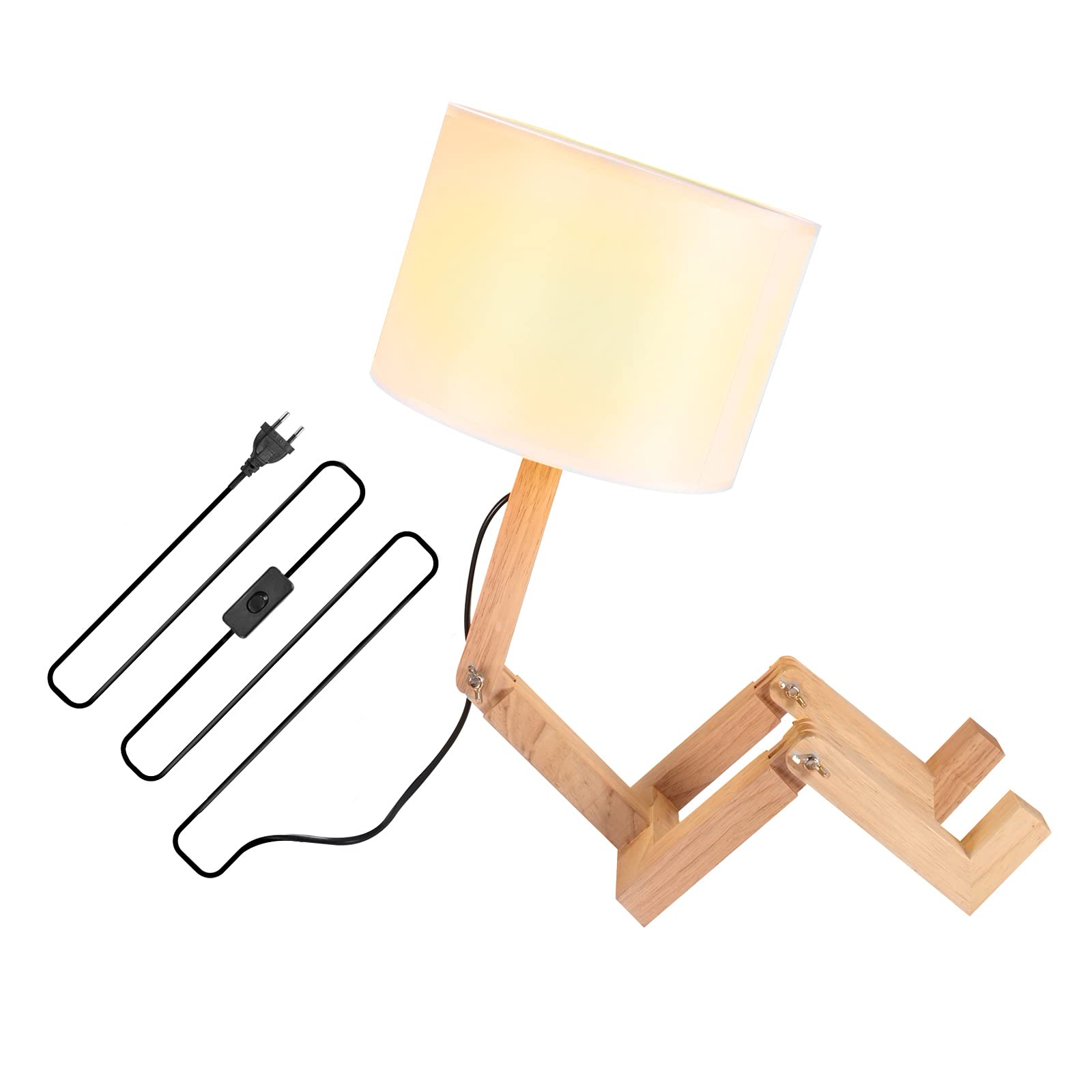 Wooden Lightweight Robot Desk Lamp with Fabric Shade - Adjustable Table Lamp for Bedroom, Living Room & Office - Easy to Use Study Lamp, Reading Light & Decorative Nightstand Lamp for Home & Indoor Use