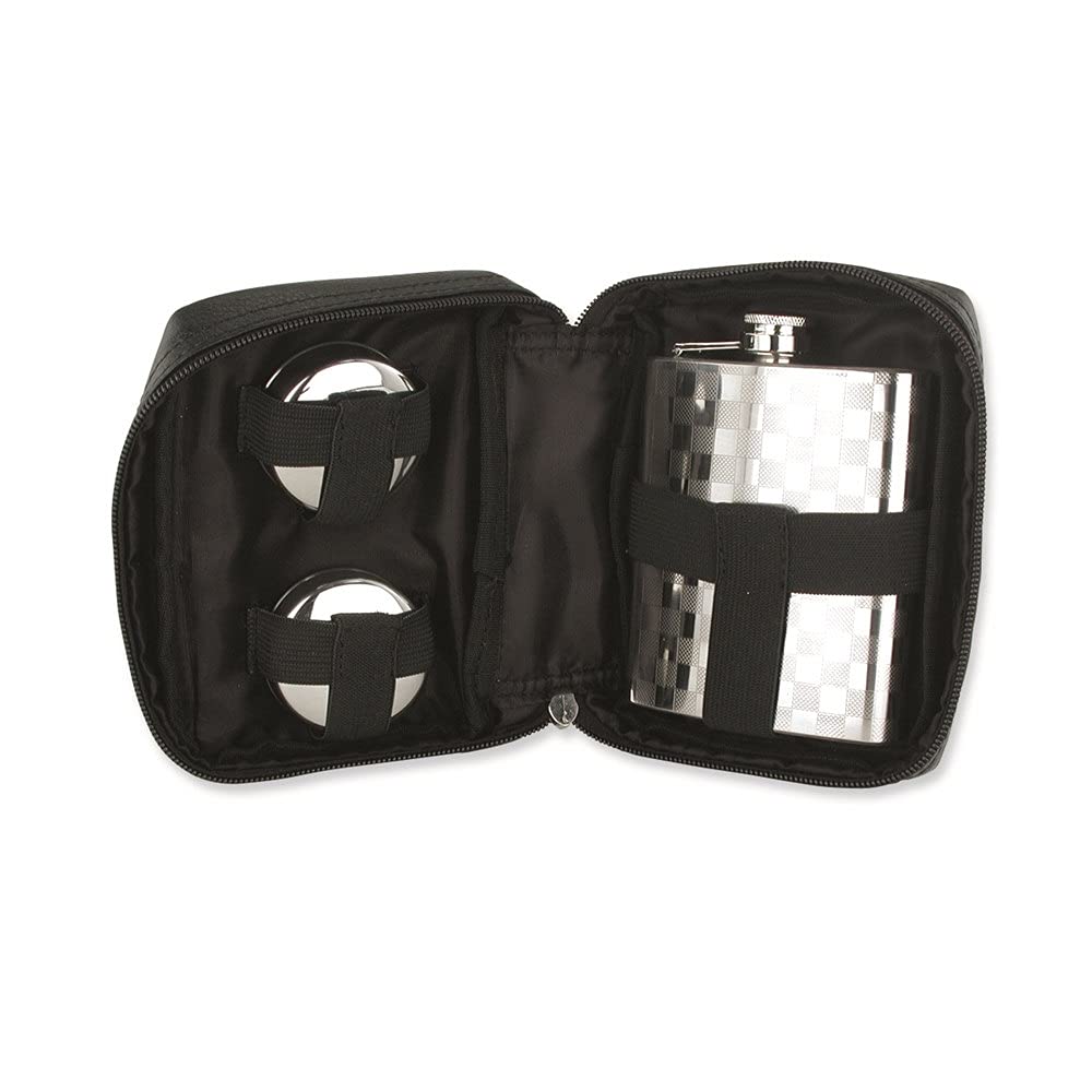 Premium Black Faux Leather Flask Set - 7oz Checkered Hip Flask with 2 Stainless Steel Shot Cups | Perfect for Whiskey, Bourbon & Gifts | Outdoor Adventures, Parties & Travel Accessories