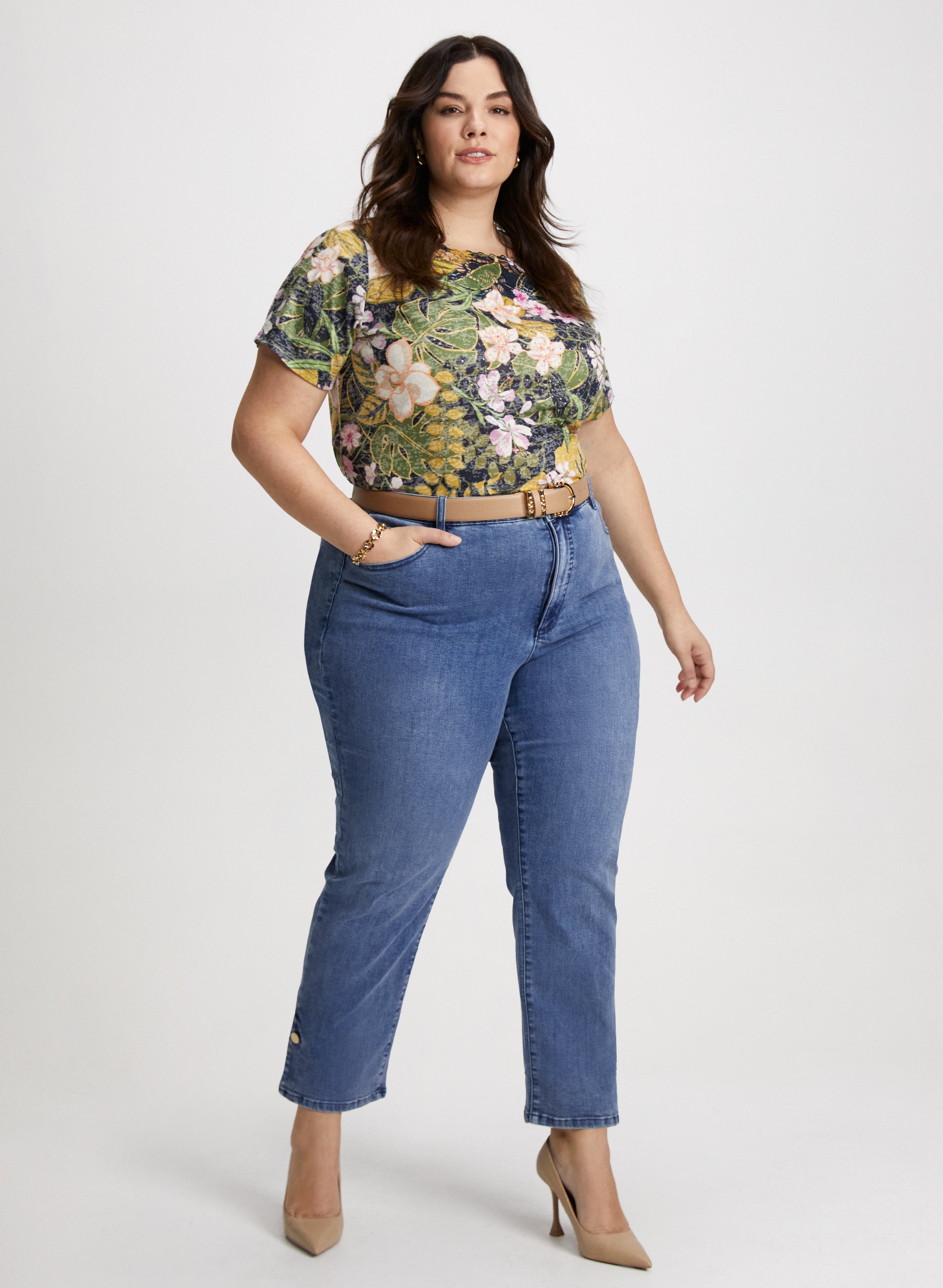 Floral Print T-Shirt & High Waist Straight Leg Jeans for Women | Casual Outfit for Spring & Summer | Perfect for Daily Wear, Shopping & Outdoor Activities