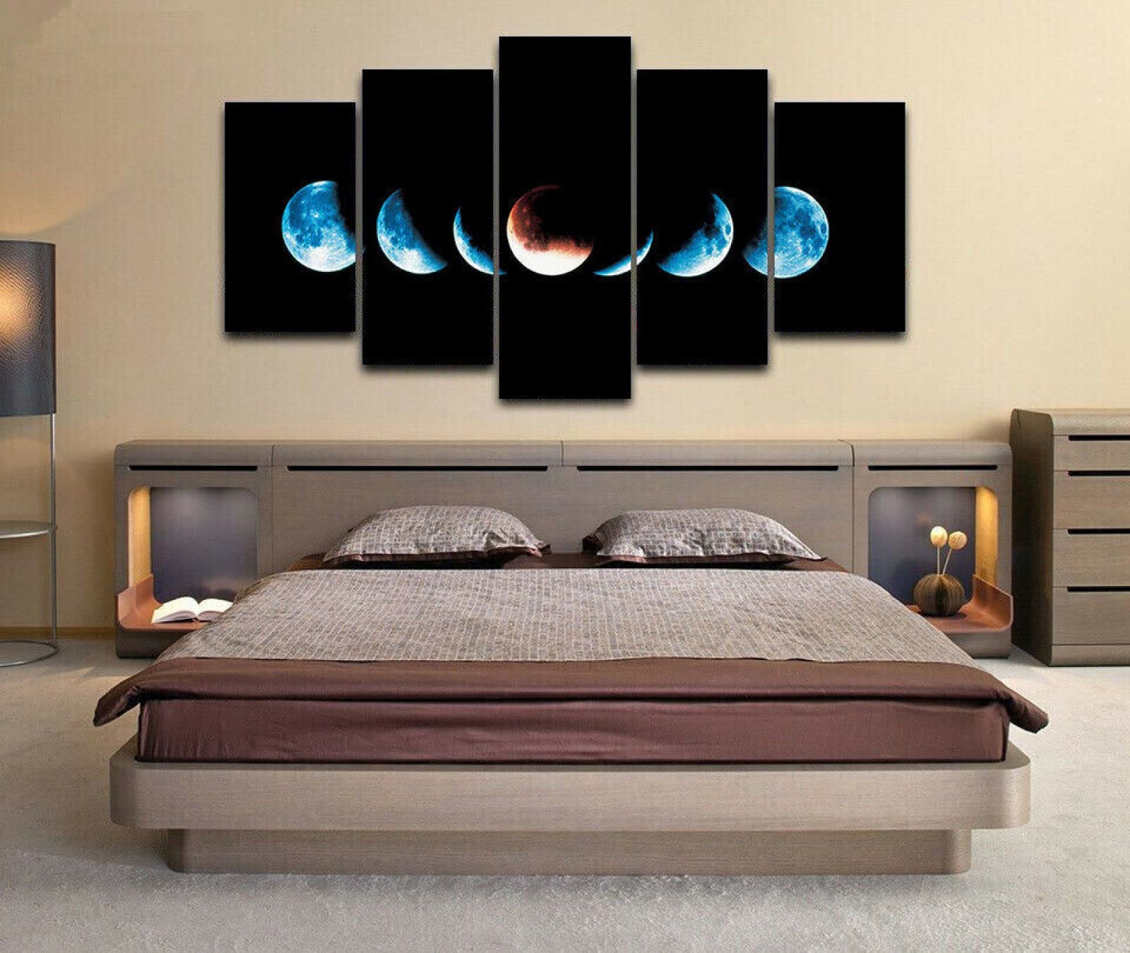 Phases of The Moon Cycle Canvas Print Wall Art - Set of 5 Modern Stretched & Framed Panels for Home Decor, Living Room, Bedroom & Office