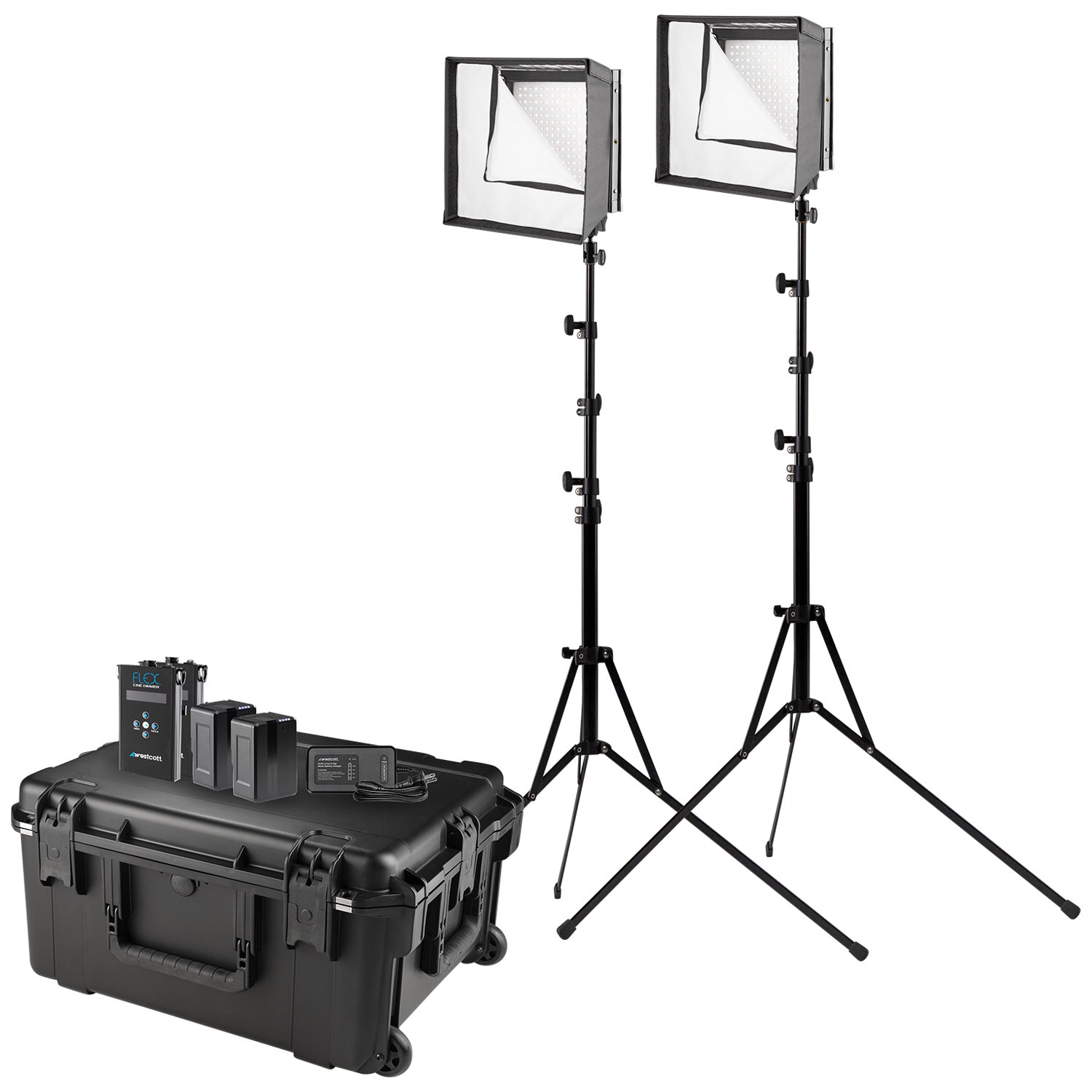 Flex Cine Bi-Color LED 2 Light Travel Kit with Mini V-Mount Batteries (1' x 1') - Professional Portable Lighting for Photography, Videography & Film Making On-The-Go