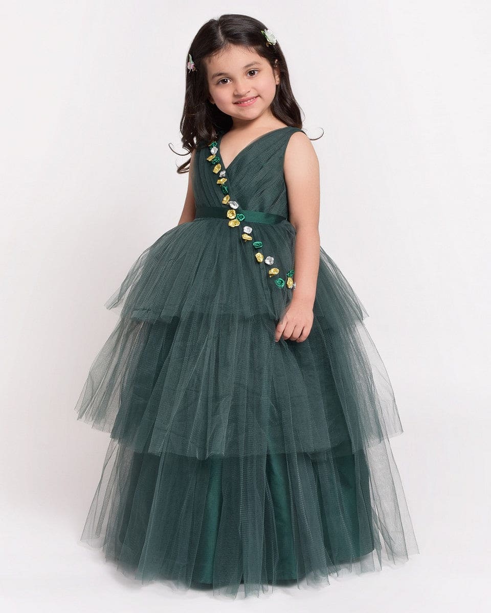 Pre Order: Elegant Green Layered Gown for Women - Perfect for Evening Parties, Weddings & Special Occasions