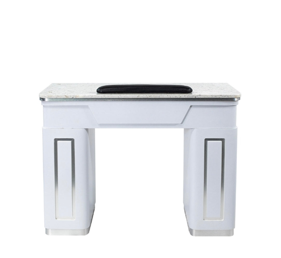 Professional Napa Manicure Table in White & Silver - Portable Nail Salon Table for Home & Spa Use - Perfect for Manicures, Pedicures, and Nail Art Services