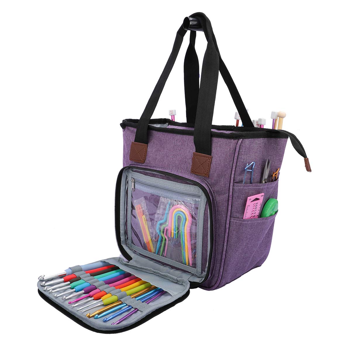 Premium Knitting Yarn Storage Bag - Portable Crochet Organizer Tote for Hooks, Needles & Yarn Skeins - Perfect Gift for Beginners & Expert Knitters (Purple) - Ideal for Travel, Craft Fairs & Home Knitting Projects