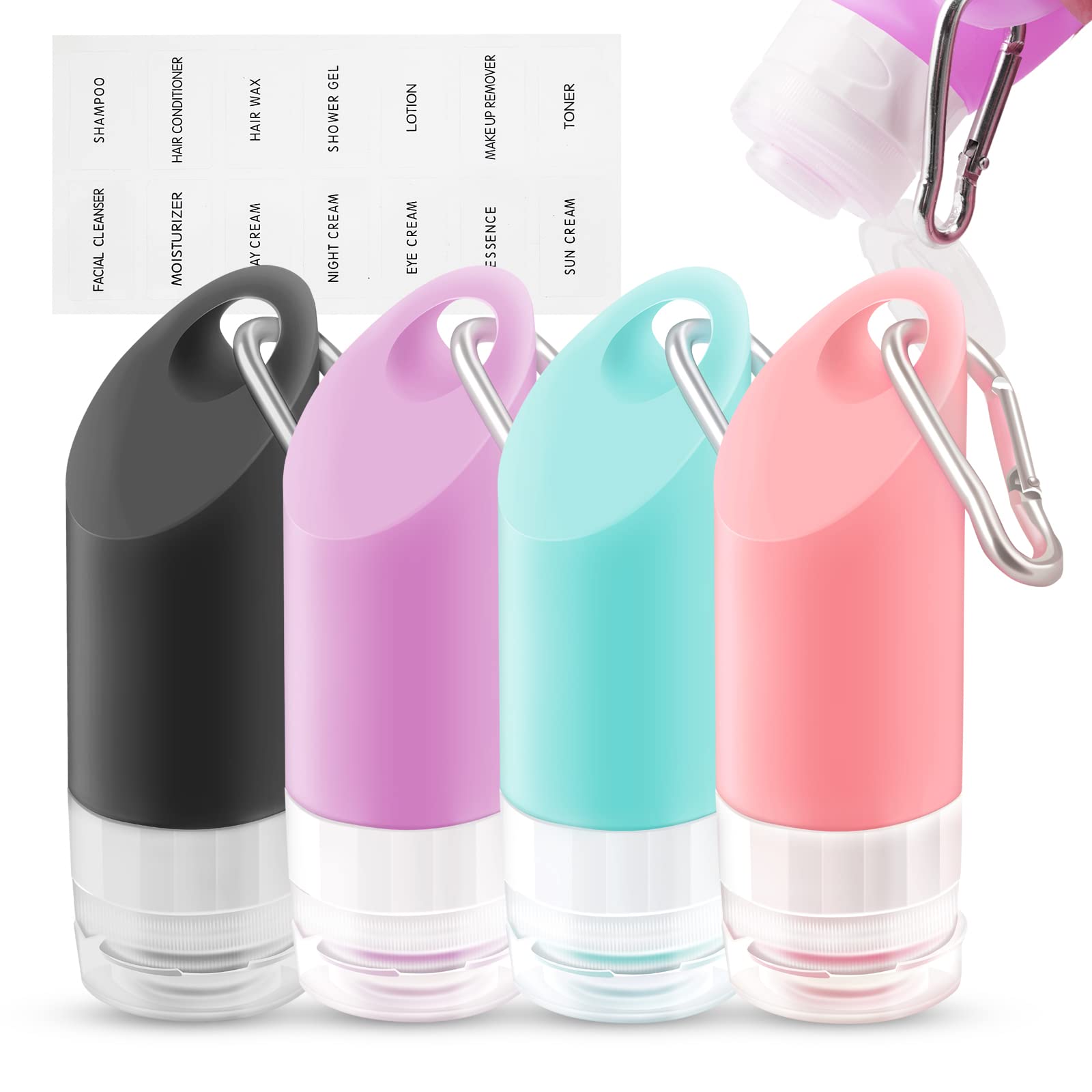 Narkysus 4-Pack Leakproof Silicone Travel Bottles for Toiletries - TSA Approved Refillable Squeezable Containers for Shampoo, Conditioner & Lotion with Keychain - Perfect for Air Travel, Gym & Vacation Essentials