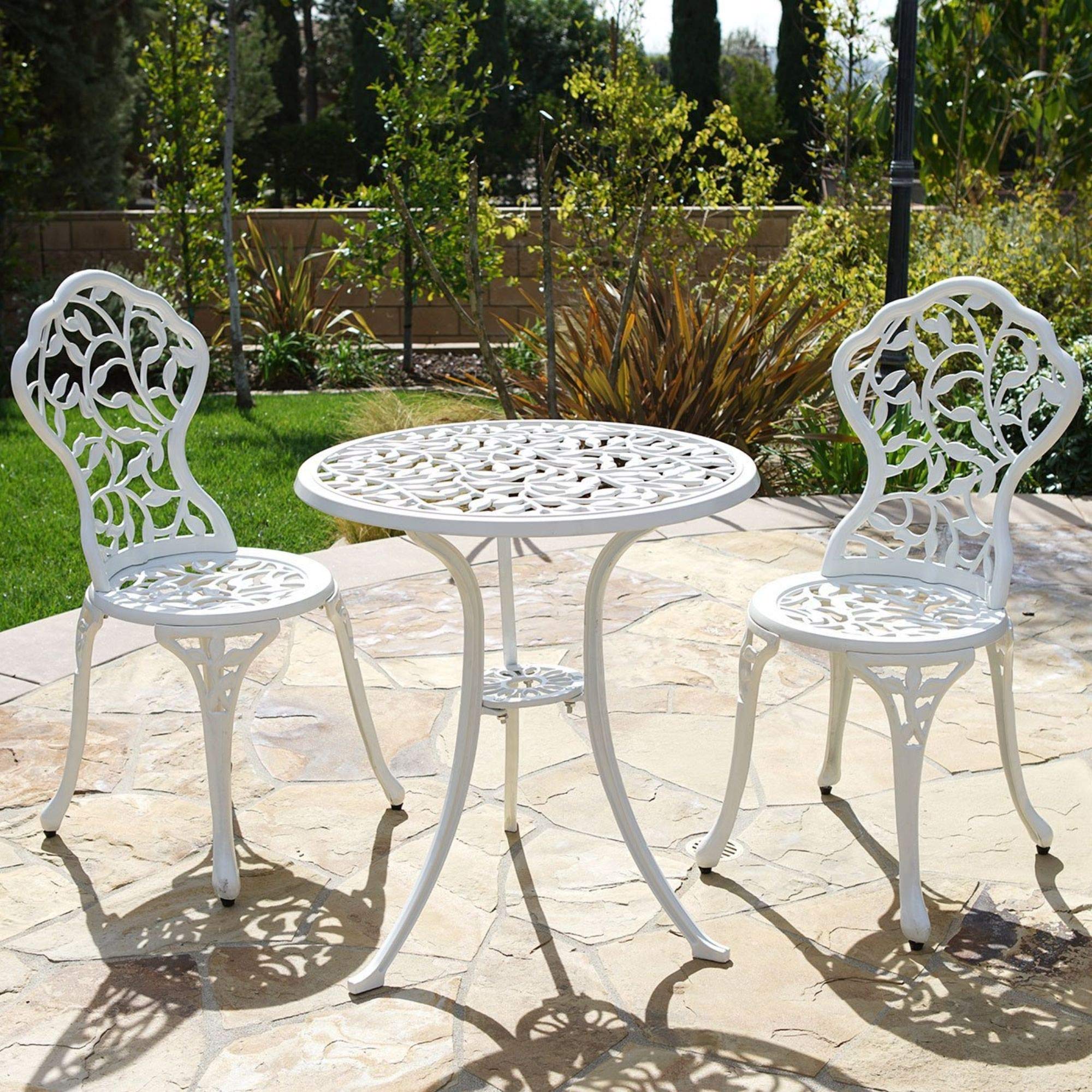 Hi-Line Gifts 3-Piece White Modern Outdoor Bistro Set - 24.75 Inch Height Patio Dining Table and Chairs for Garden, Balcony, or Small Space Decor