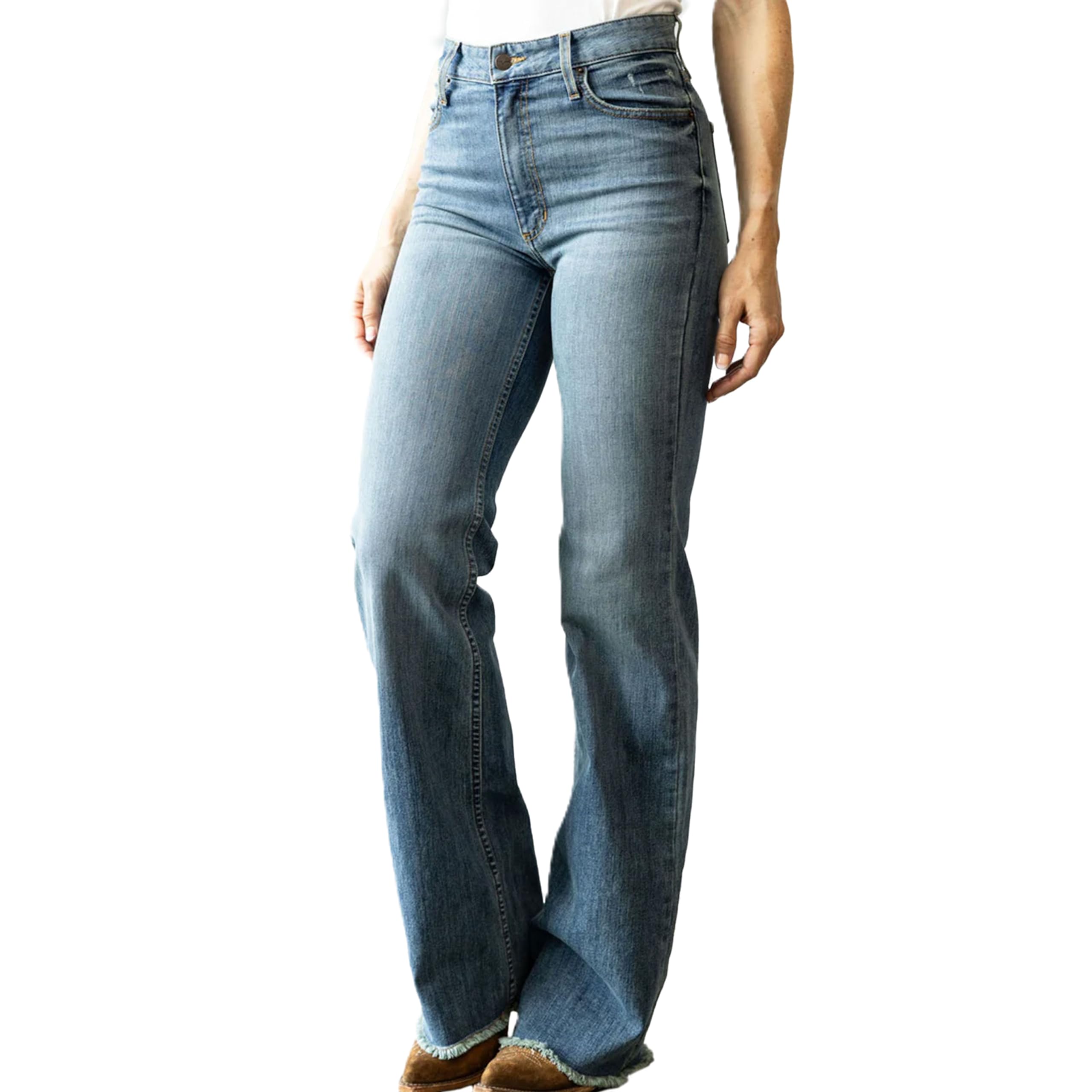 Kimes Ranch Women's Olivia Casual Western High Rise Waist Stove Pipe & Wide Leg Raw Hem Light Wash Denim Jeans | Comfortable Cowgirl Style for Everyday Wear, Rodeo Events & Country Outings