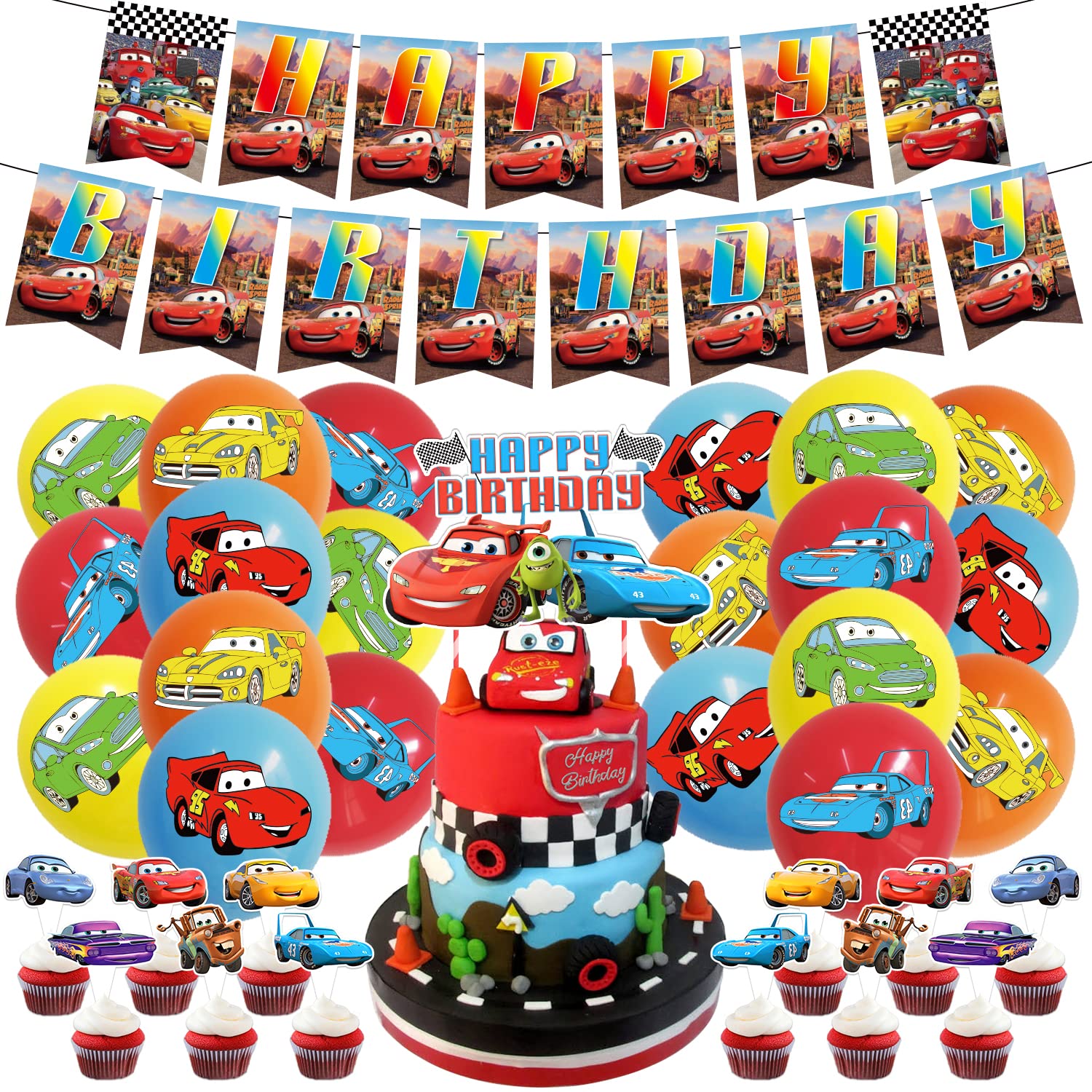 Lightning McQueen Racing Story Birthday Party Set - Cake Topper, Cupcake Toppers, Banner & Balloons for Kids & Adults Birthday Decorations | Perfect for Disney Cars Themed Parties, Baby Showers & Race Car Celebrations