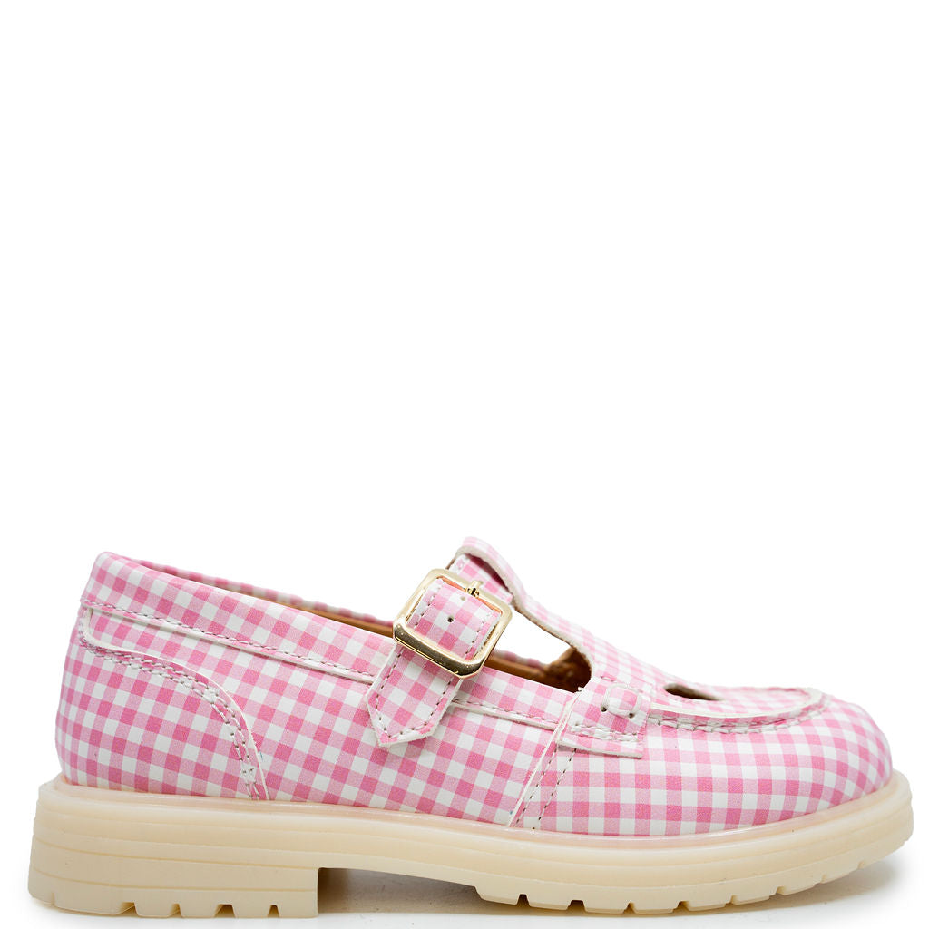 Rondinella Pink Gingham T-Strap Loafers for Women - Comfortable Slip-On Flats - Casual & Office Shoes for Spring Summer Outfits