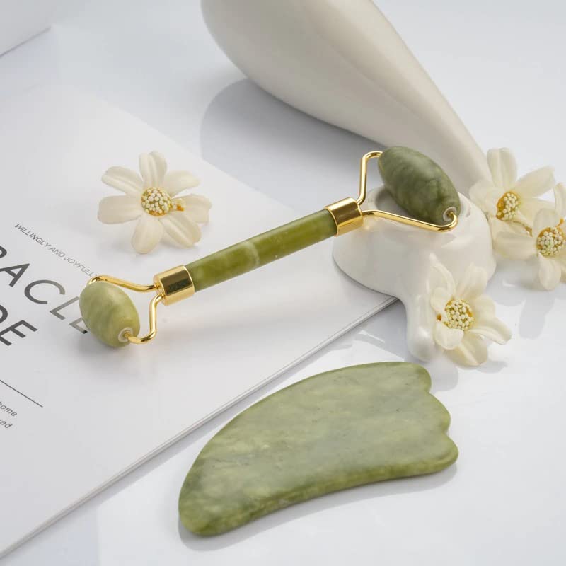 TRUESHOP Jade Roller & Gua Sha Set for Face, Eye, Neck & Foot Massage – Reduce Dark Circles & Puffiness | Natural Stone Facial Massager for Women | Perfect for Skincare Routine & Relaxation at Home