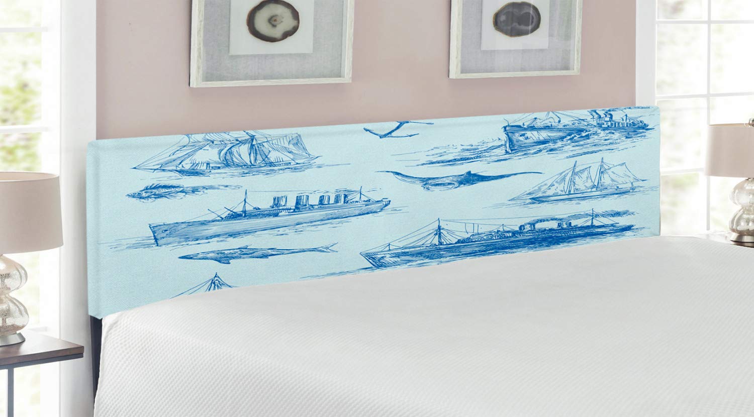 Ambesonne Nautical Headboard - King Size Upholstered Metal Bed Frame with Memory Foam | Underwater Wildlife Shark & Boat Design in Pale Blue | Perfect for Coastal, Beach House or Nautical Theme Bedrooms