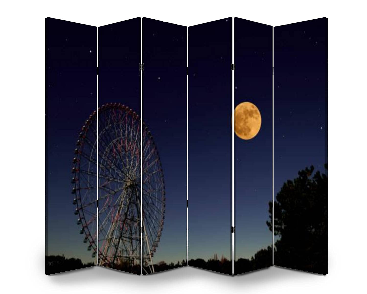 6-Panel Folding Room Divider Screen - Full Moon Over Ferris Wheel Design - Freestanding Privacy Partition for Indoor & Outdoor Use | Perfect for Home Office, Bedroom Separation, Event Spaces & Room Decor
